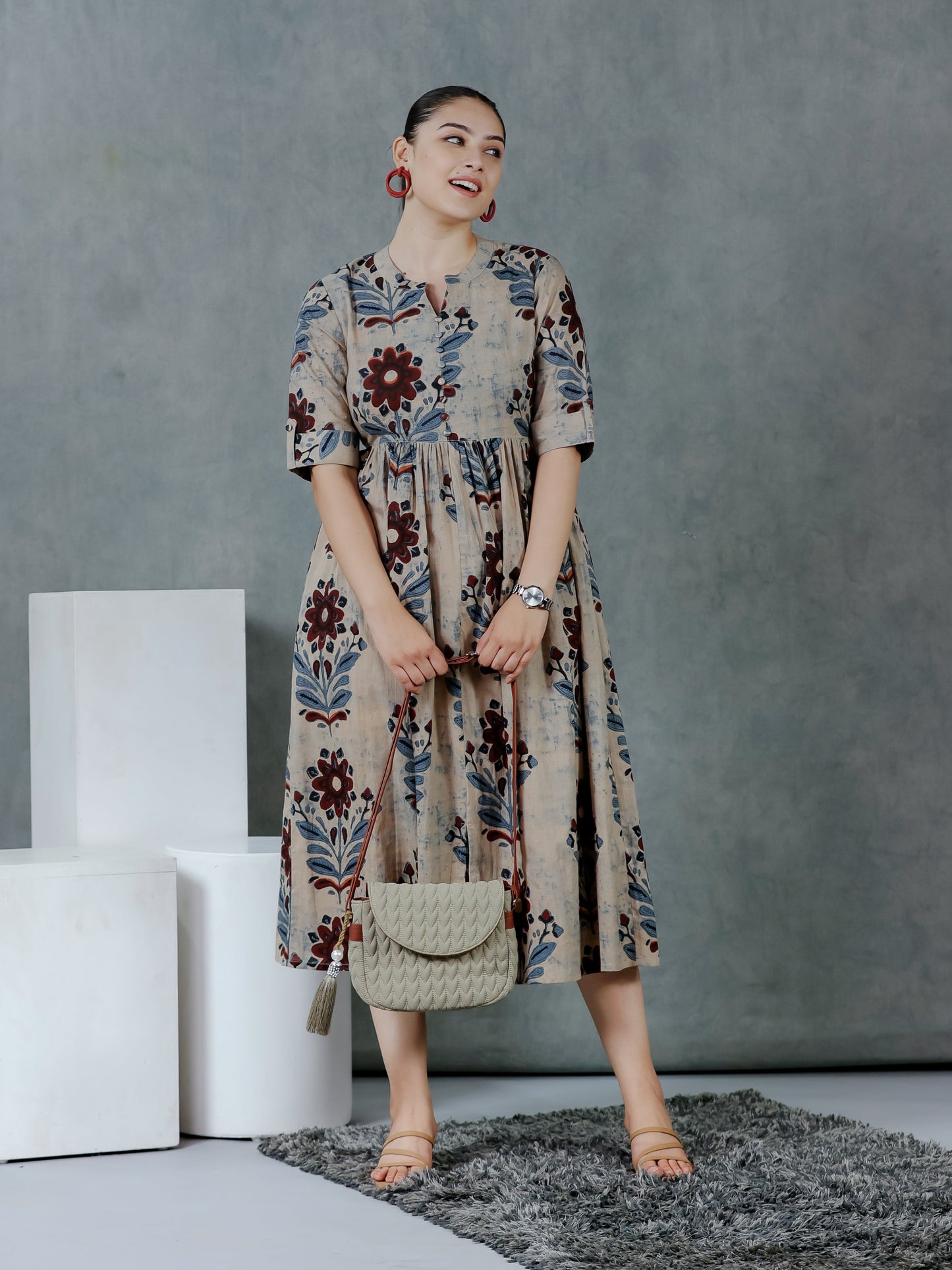 Soft Cotton Floral Flared Grey Dress