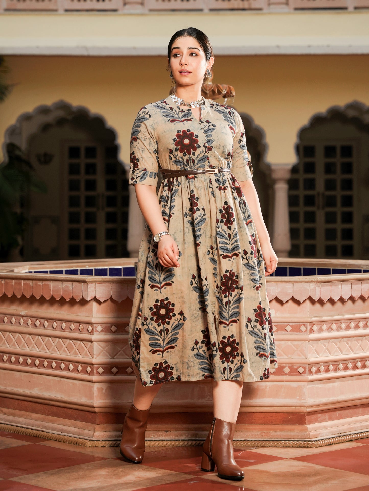 Soft Cotton Floral Flared Grey Dress