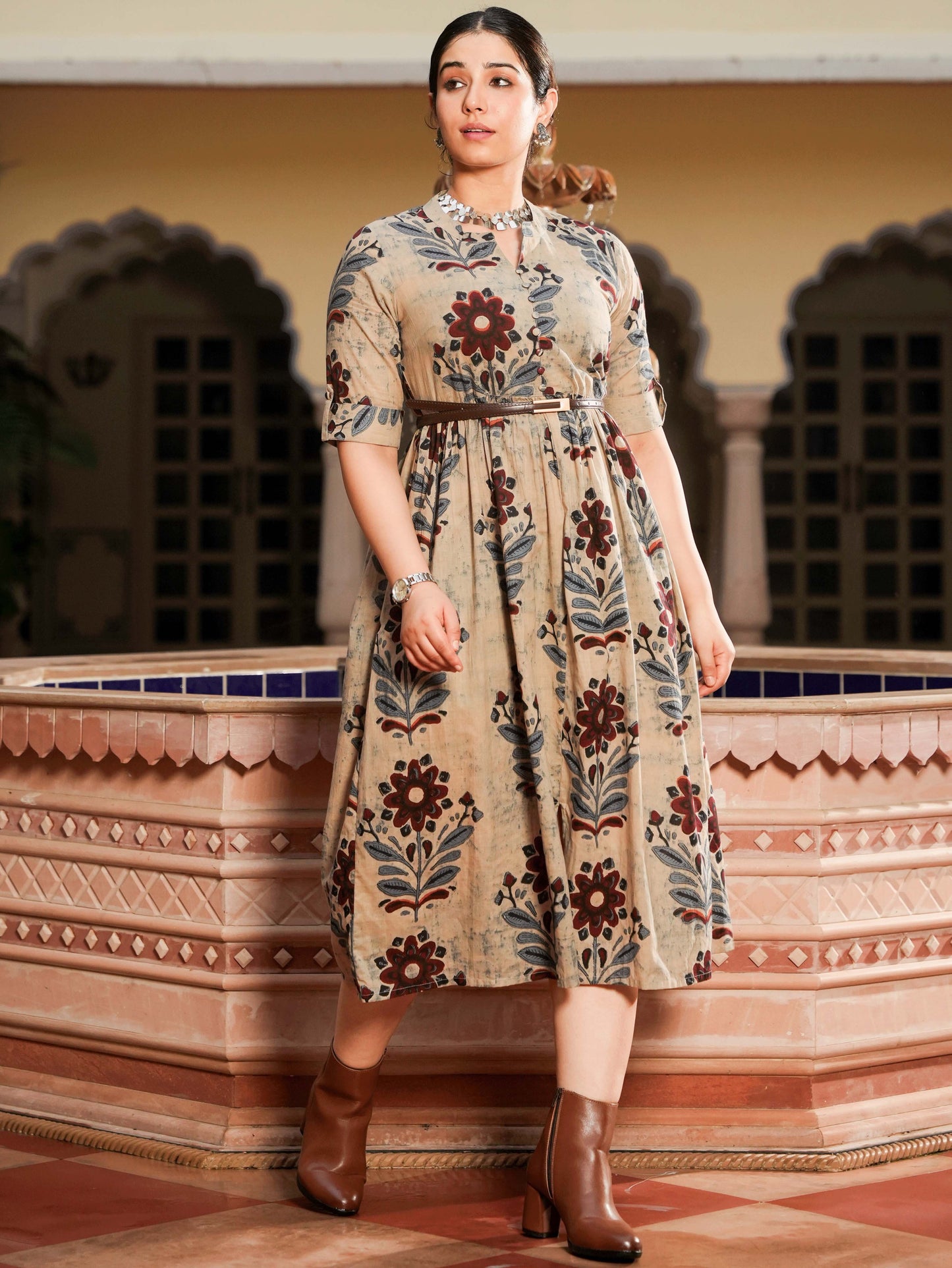 Soft Cotton Floral Flared Grey Dress