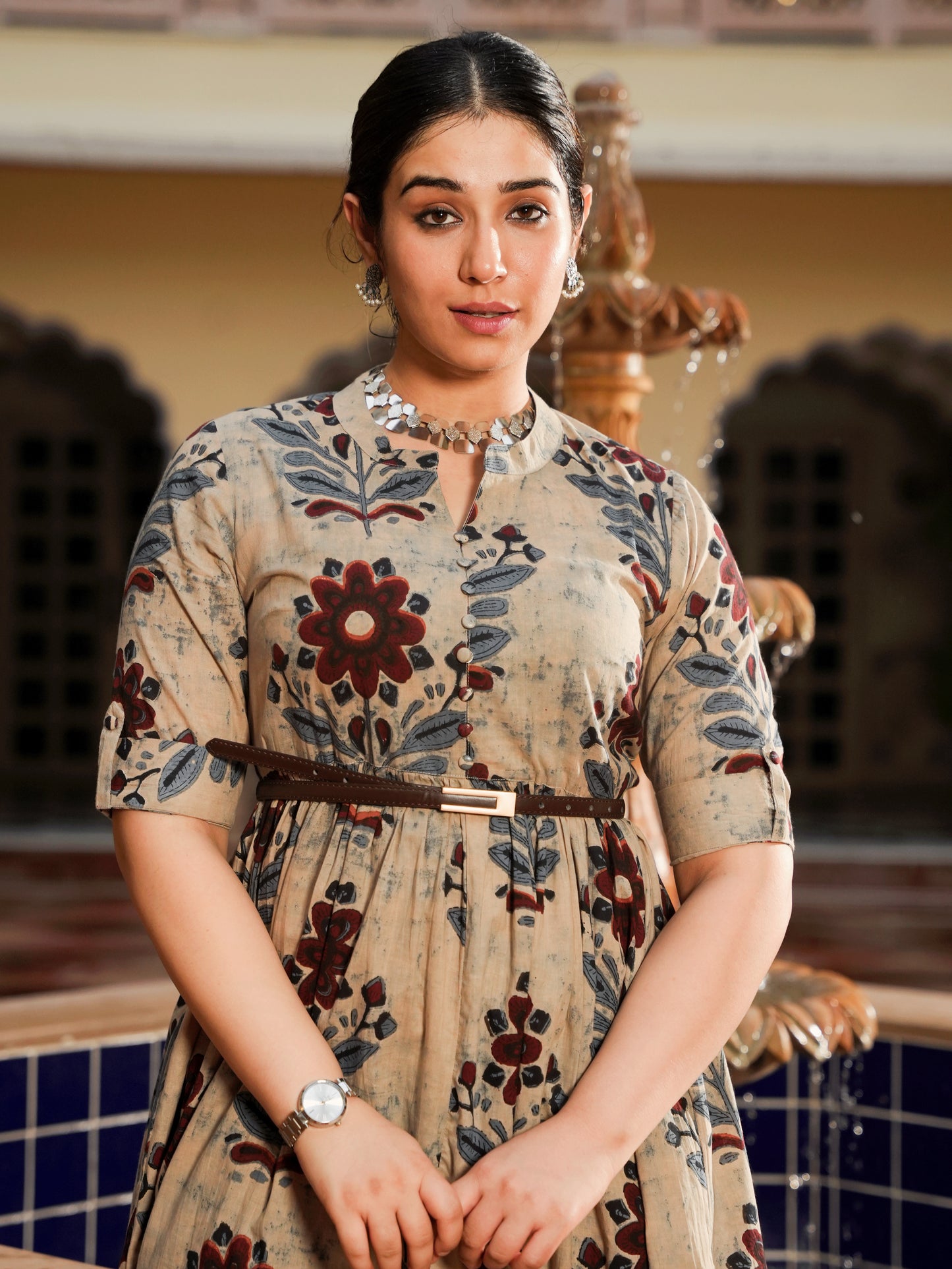 Soft Cotton Floral Flared Grey Dress