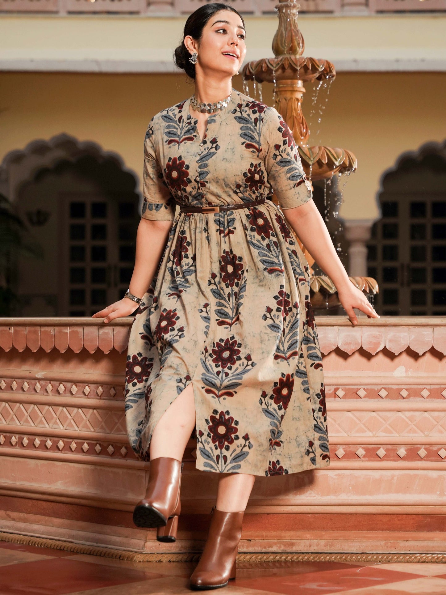 Soft Cotton Floral Flared Grey Dress