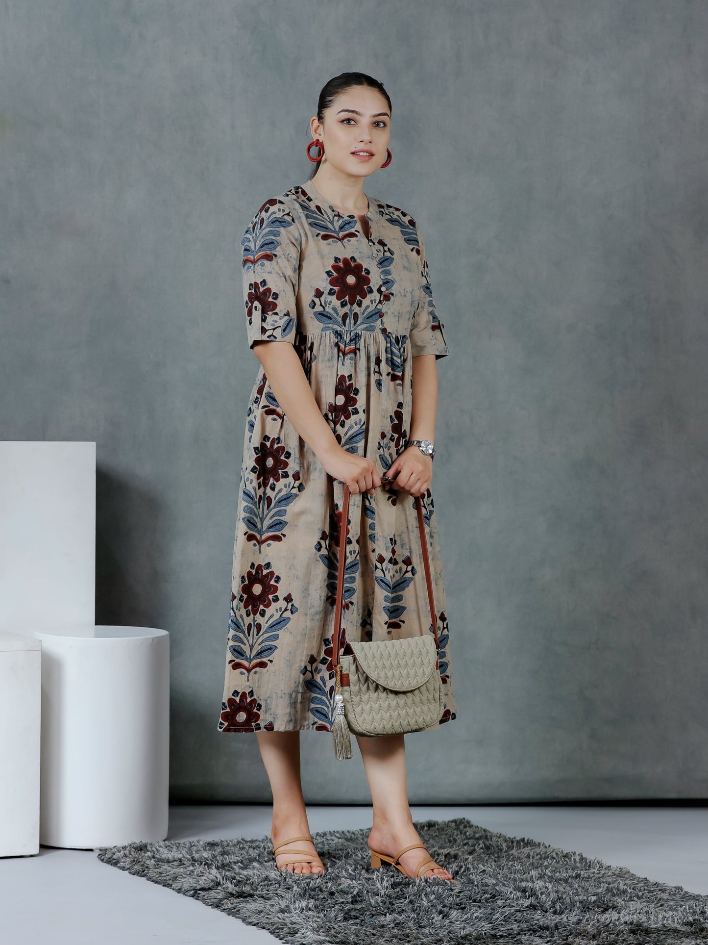 Soft Cotton Floral Flared Grey Dress