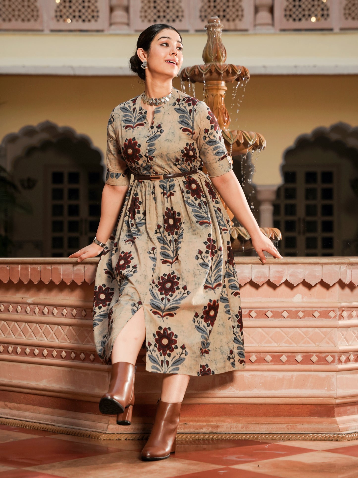 Soft Cotton Floral Flared Grey Dress
