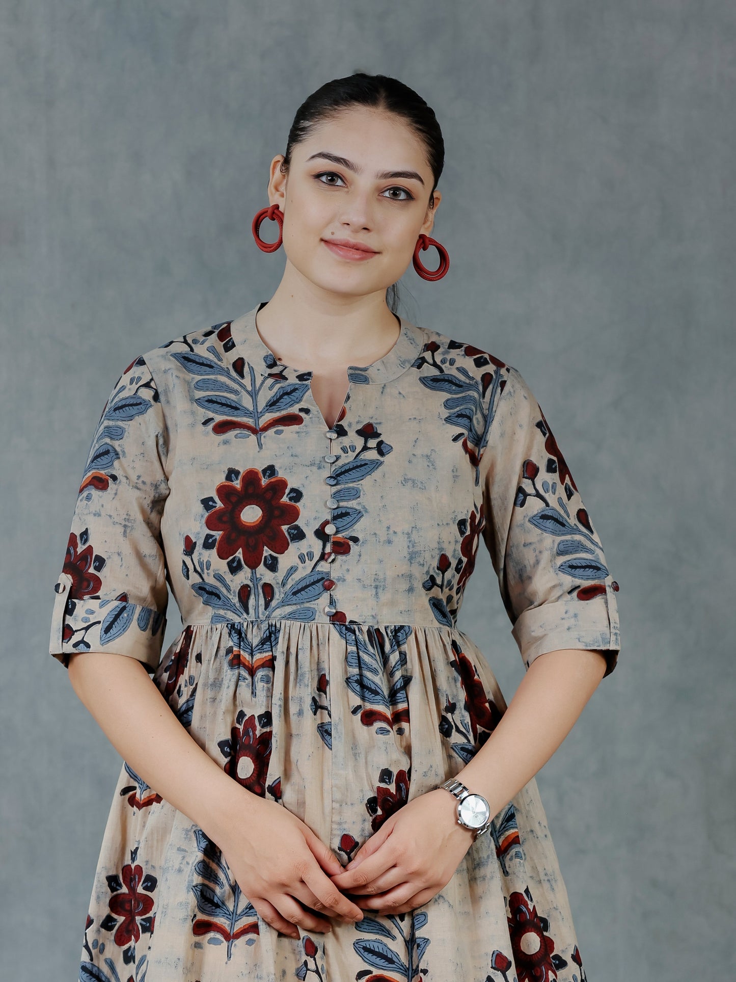 Soft Cotton Floral Flared Grey Dress