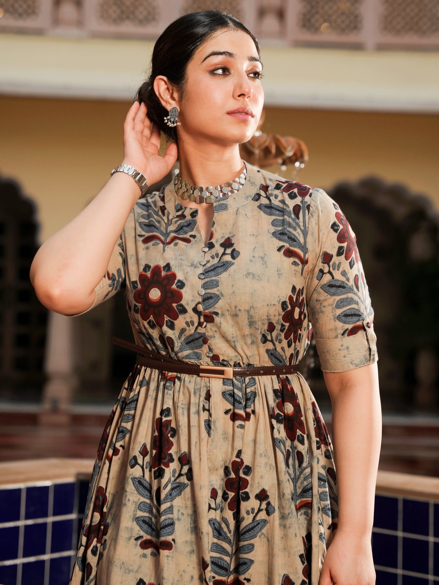 Soft Cotton Floral Flared Grey Dress