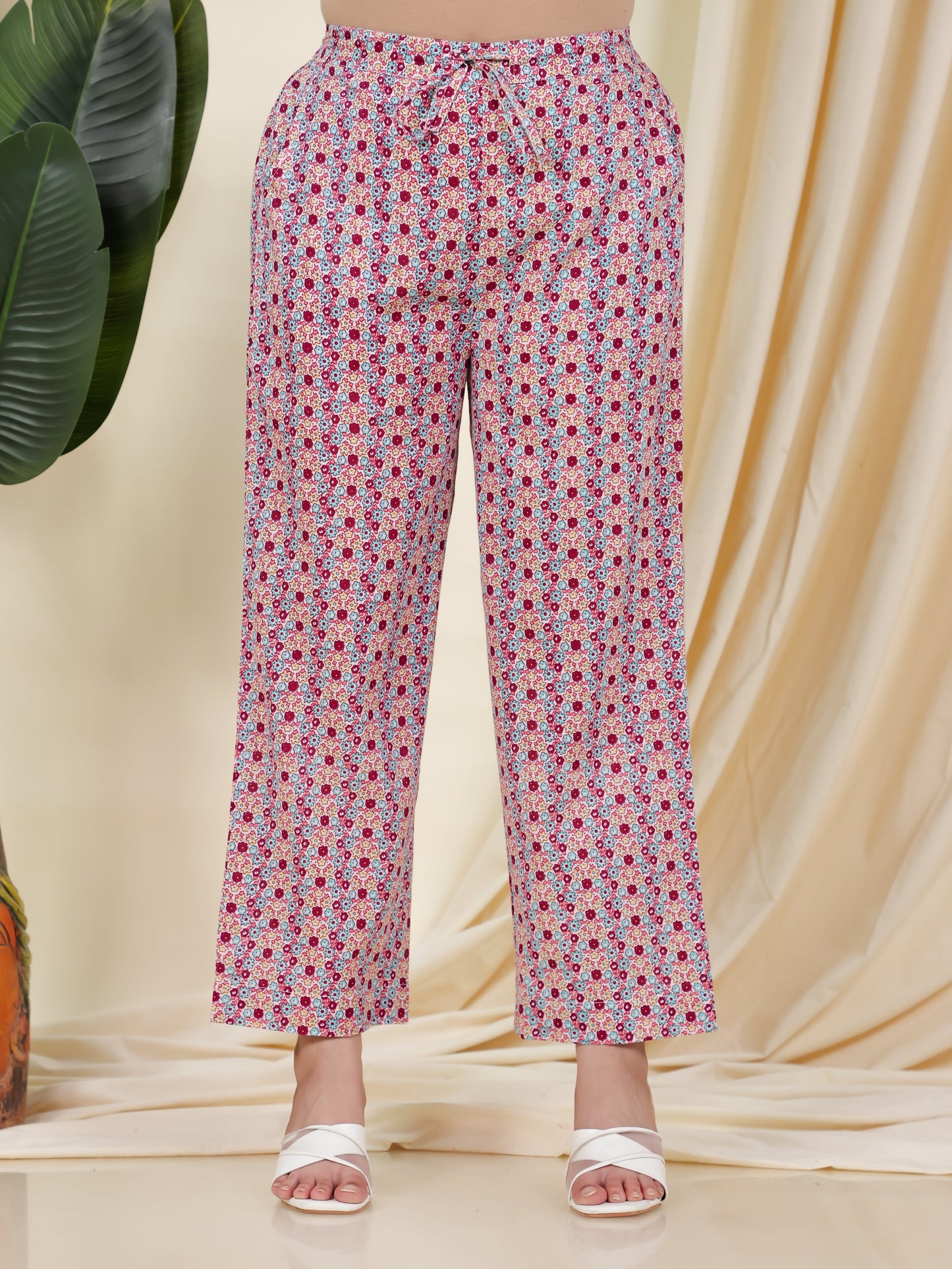 Soft Cotton Floral White Straight Trousers