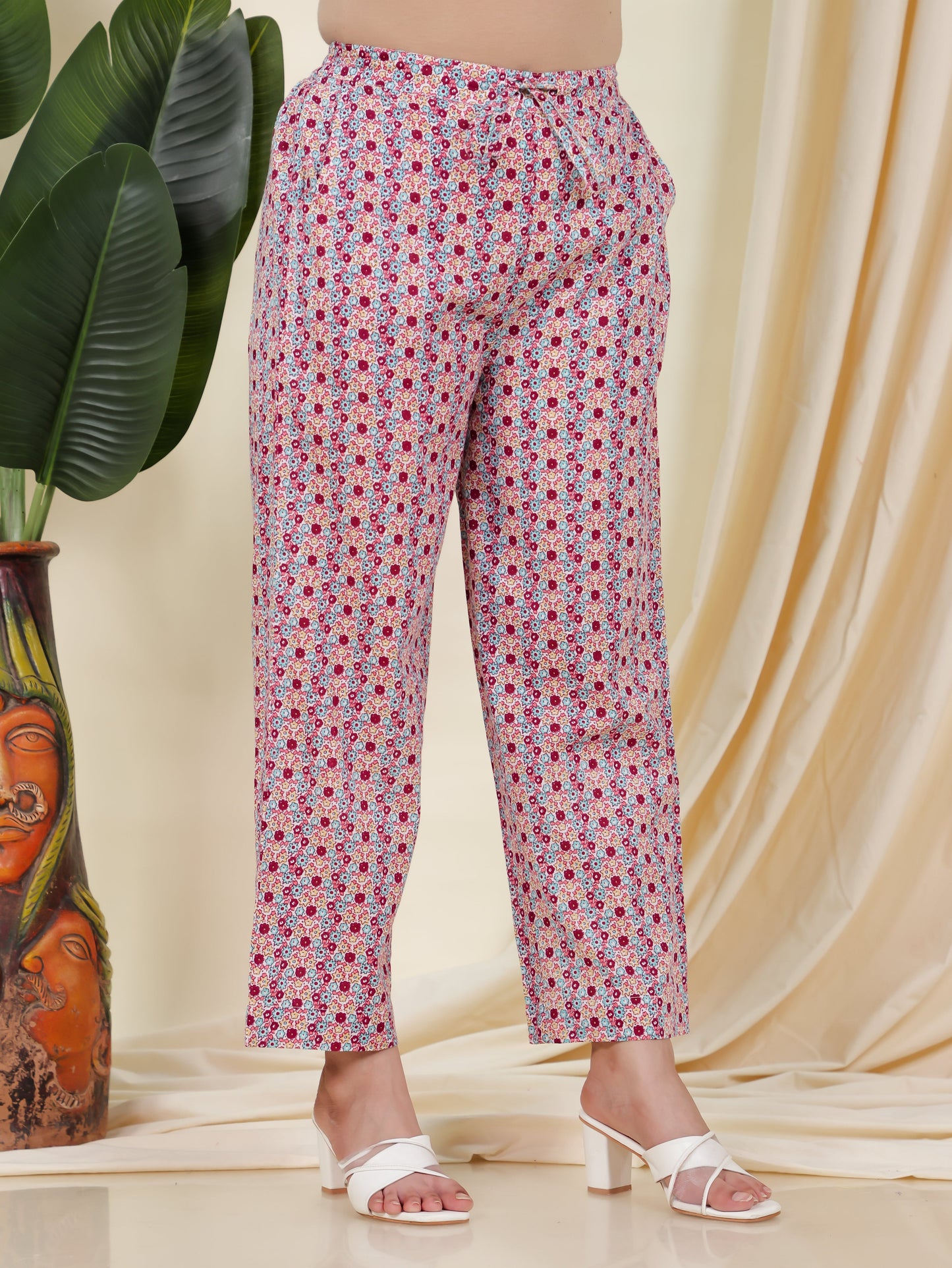 Soft Cotton Floral White Straight Trousers