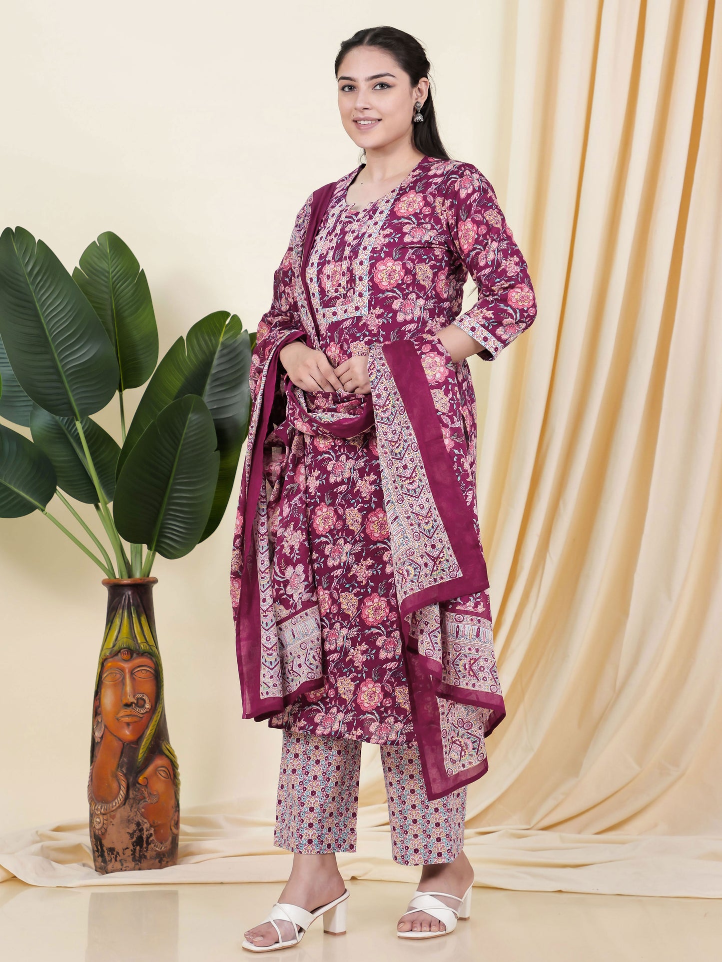 Soft Cotton Floral Straight Wine Kurta