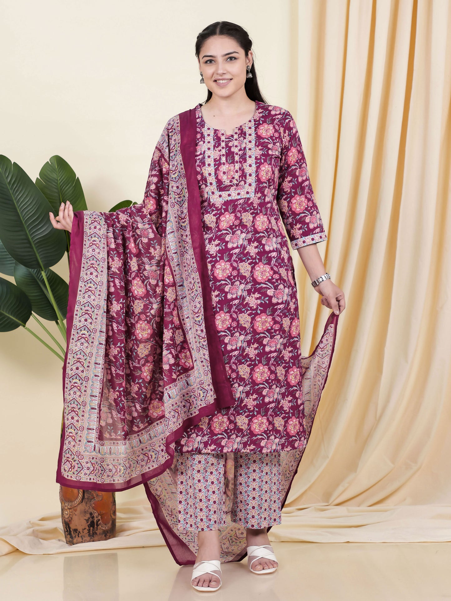 Soft Cotton Floral Straight Wine Kurta
