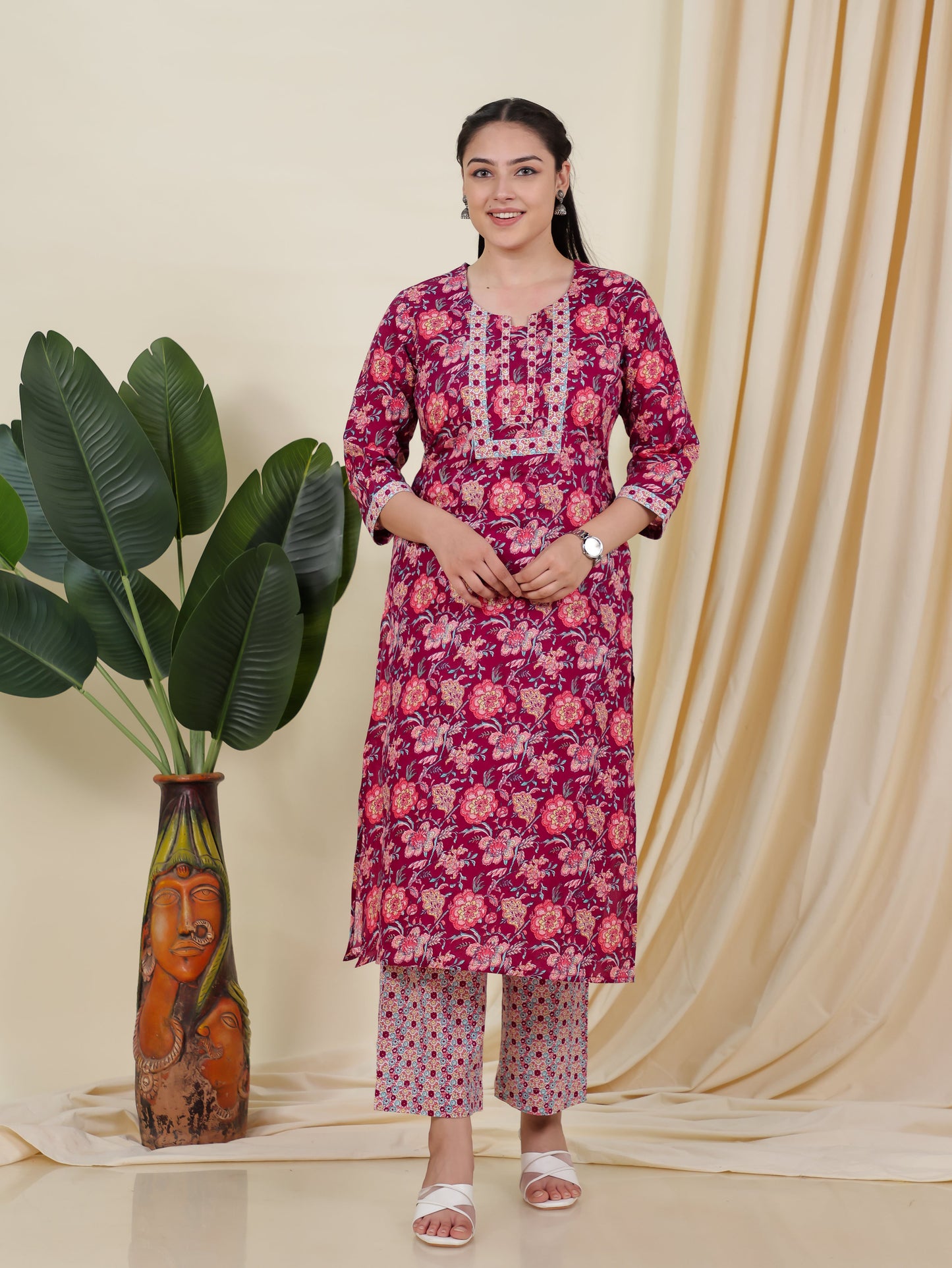 Soft Cotton Floral Straight Wine Kurta