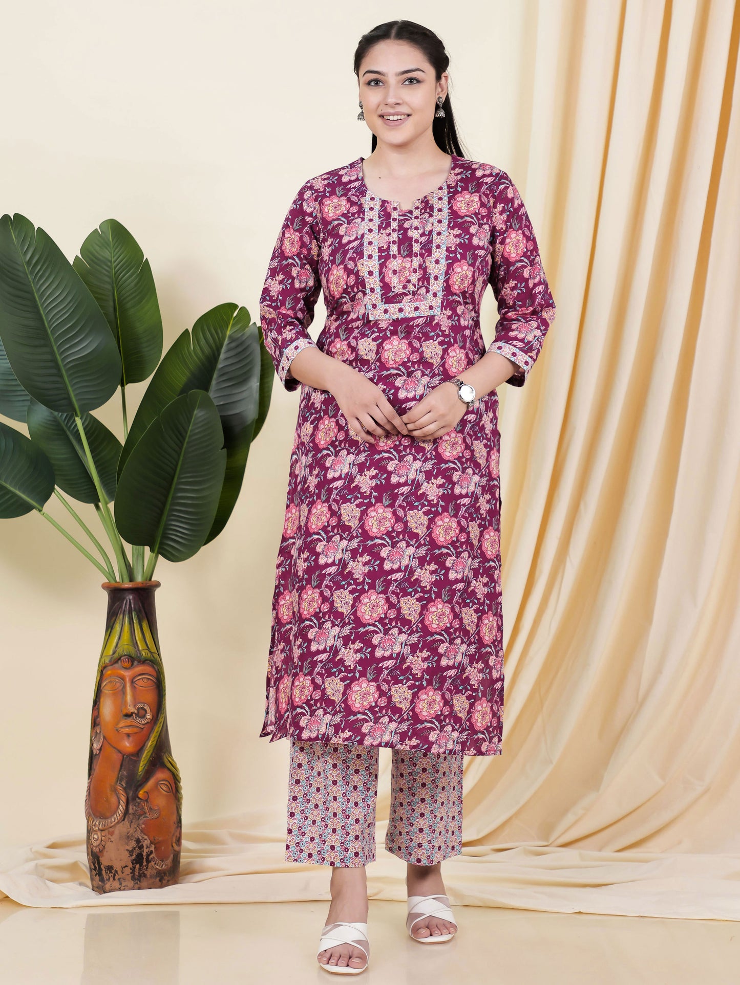 Soft Cotton Floral Straight Wine Kurta