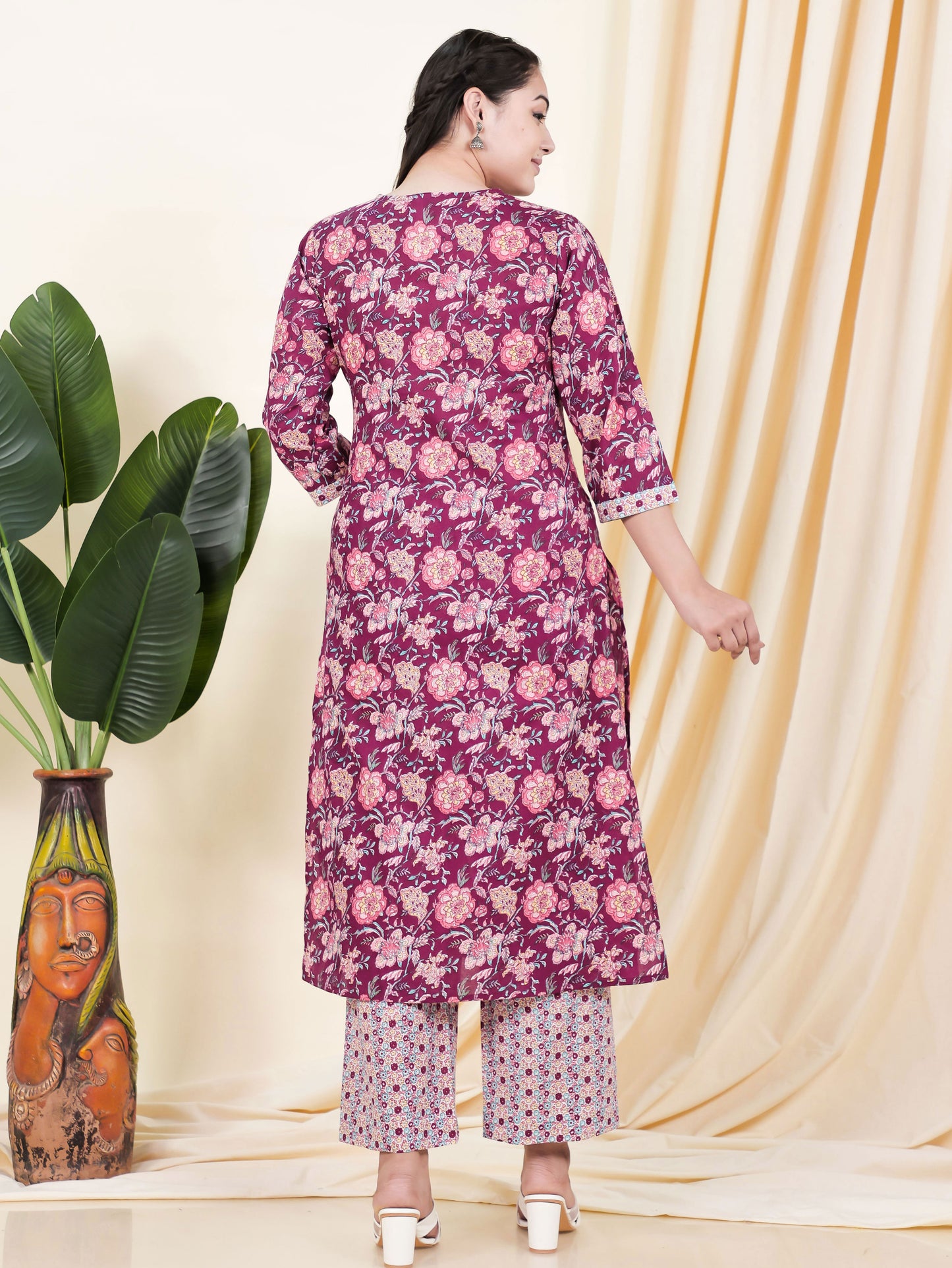 Soft Cotton Floral Straight Wine Kurta