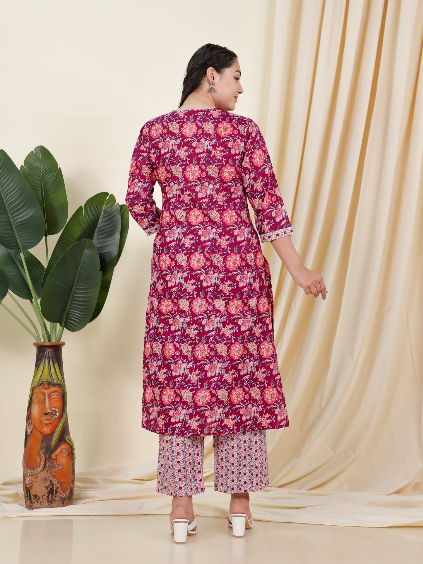 Soft Cotton Floral Straight Wine Kurta