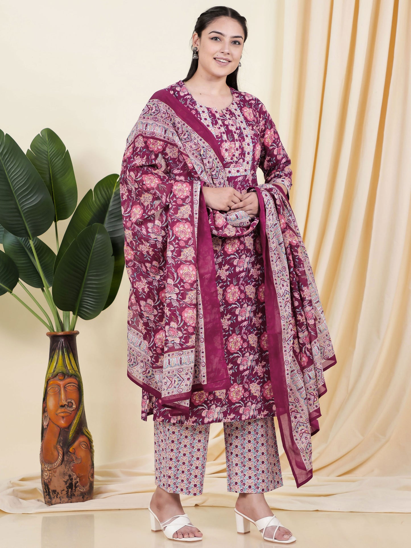 Soft Cotton Floral Straight Wine Kurta