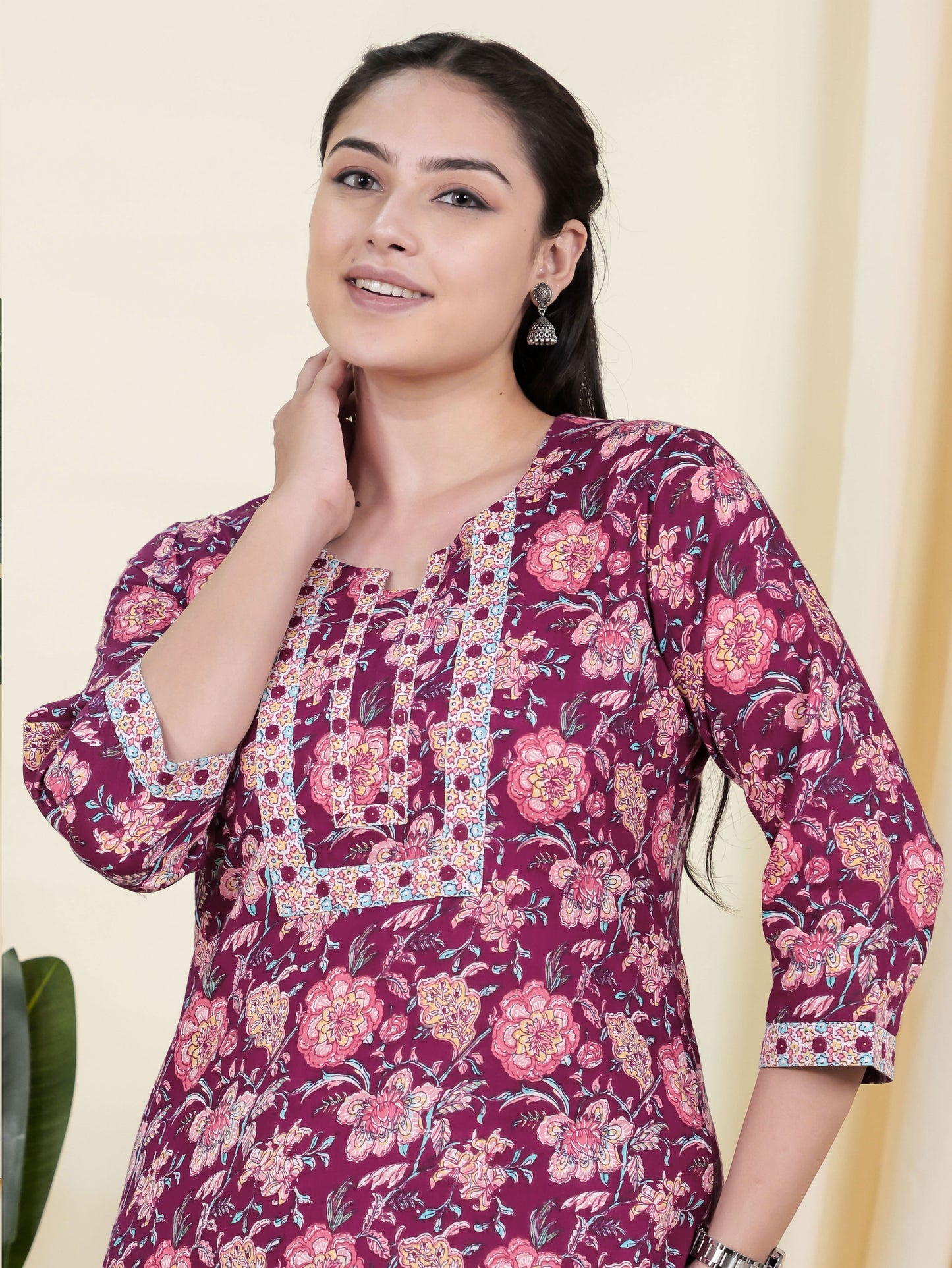Soft Cotton Floral Straight Wine Kurta