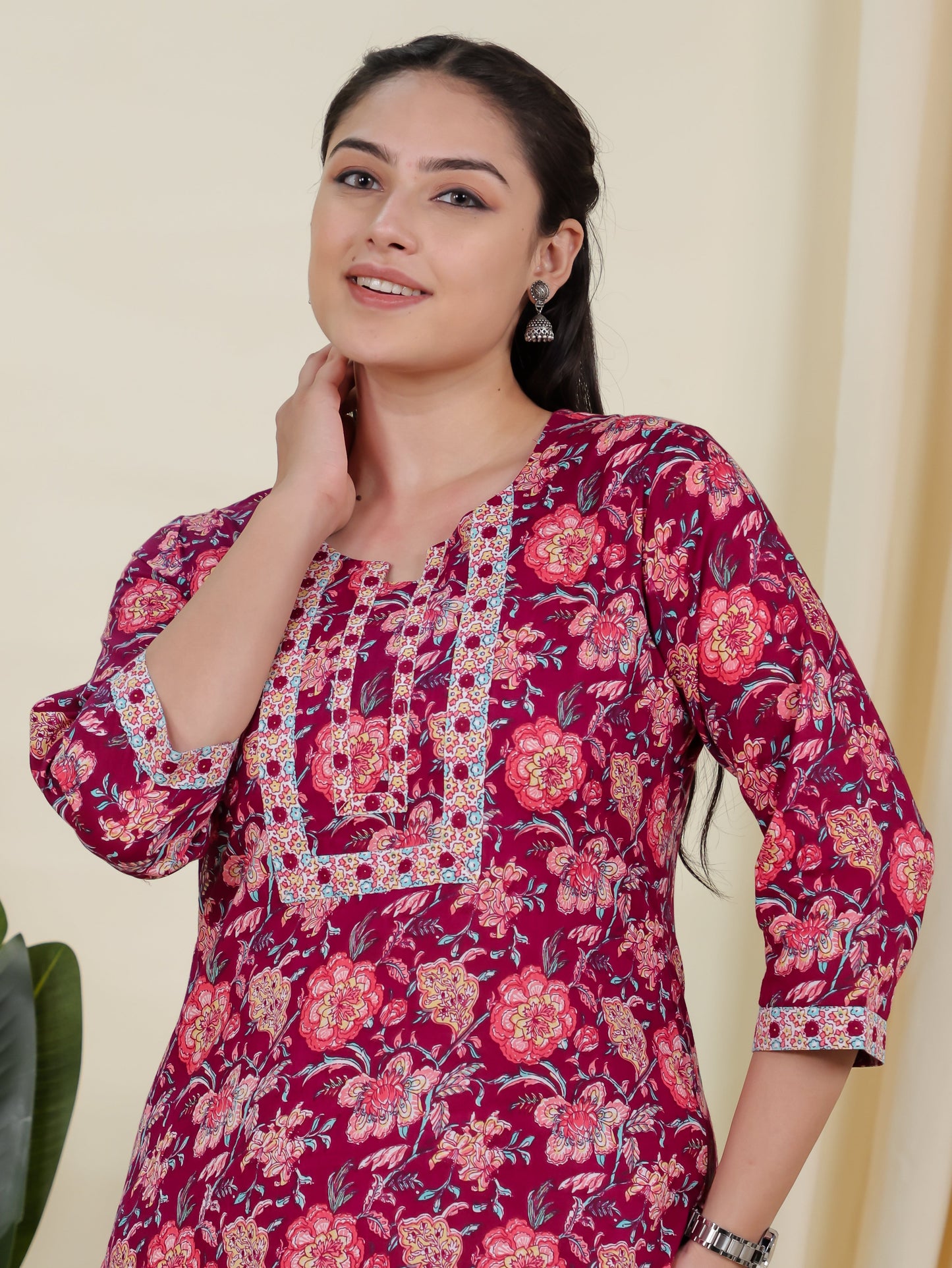 Soft Cotton Floral Straight Wine Kurta