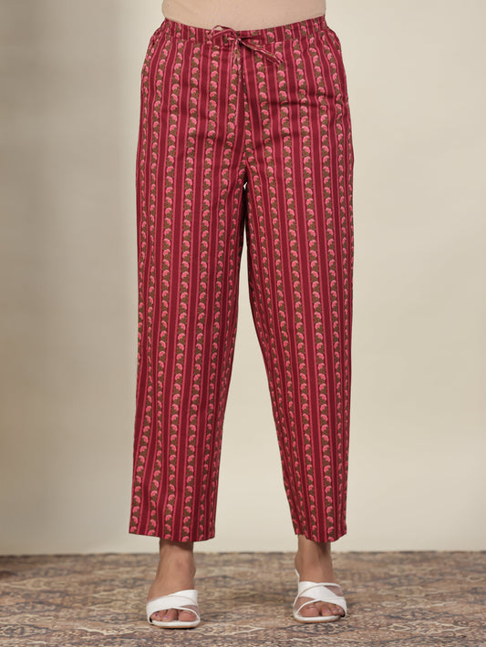 Soft Cotton Floral Maroon Straight Trousers