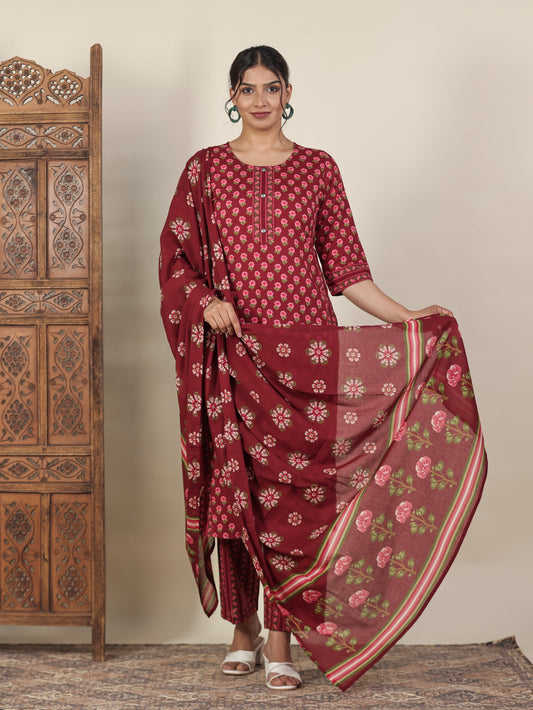 Cotton Voile Floral Maroon Dupatta