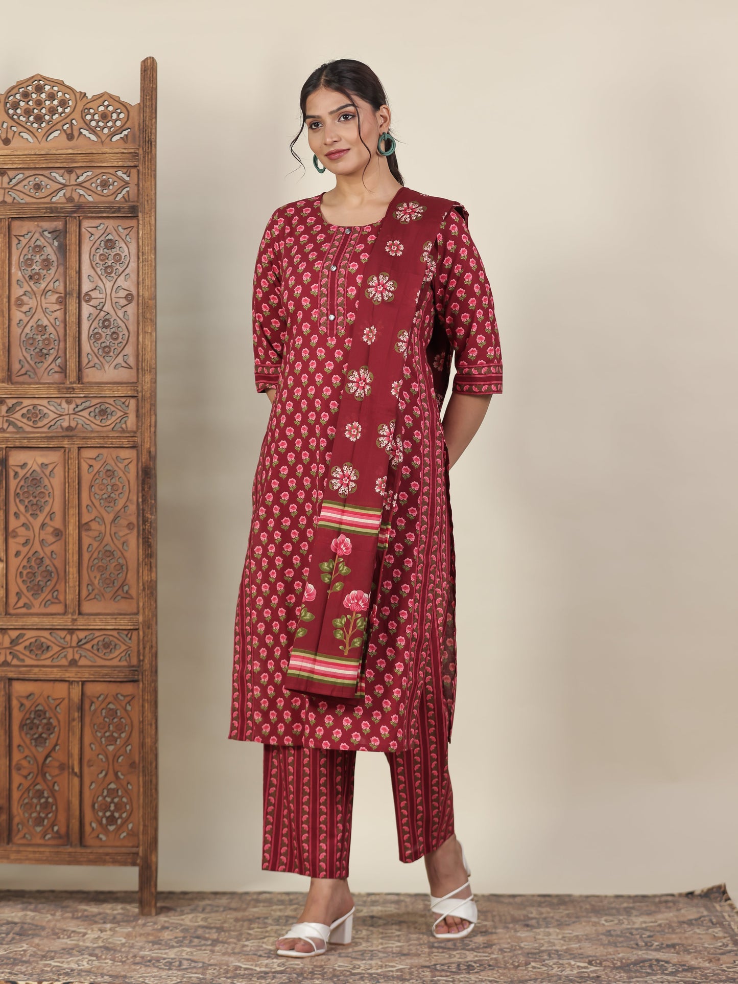 Cotton Voile Floral Maroon Dupatta