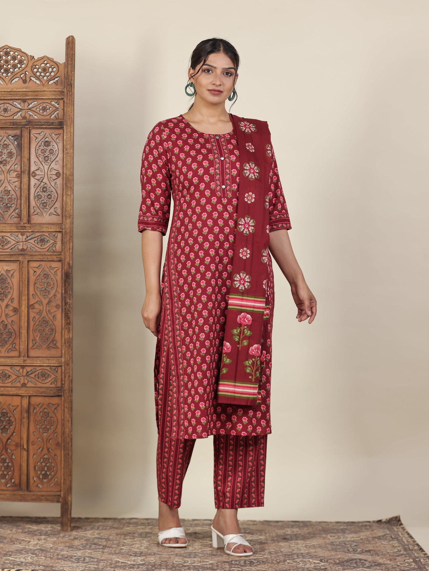 Cotton Voile Floral Maroon Dupatta