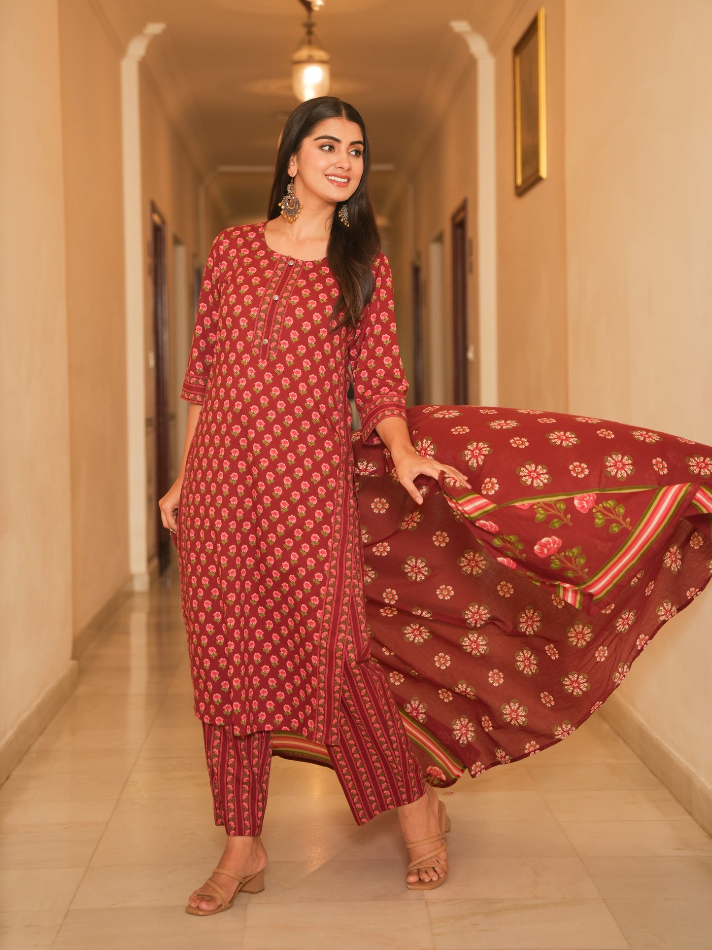 Soft Cotton Floral Straight Maroon Kurta