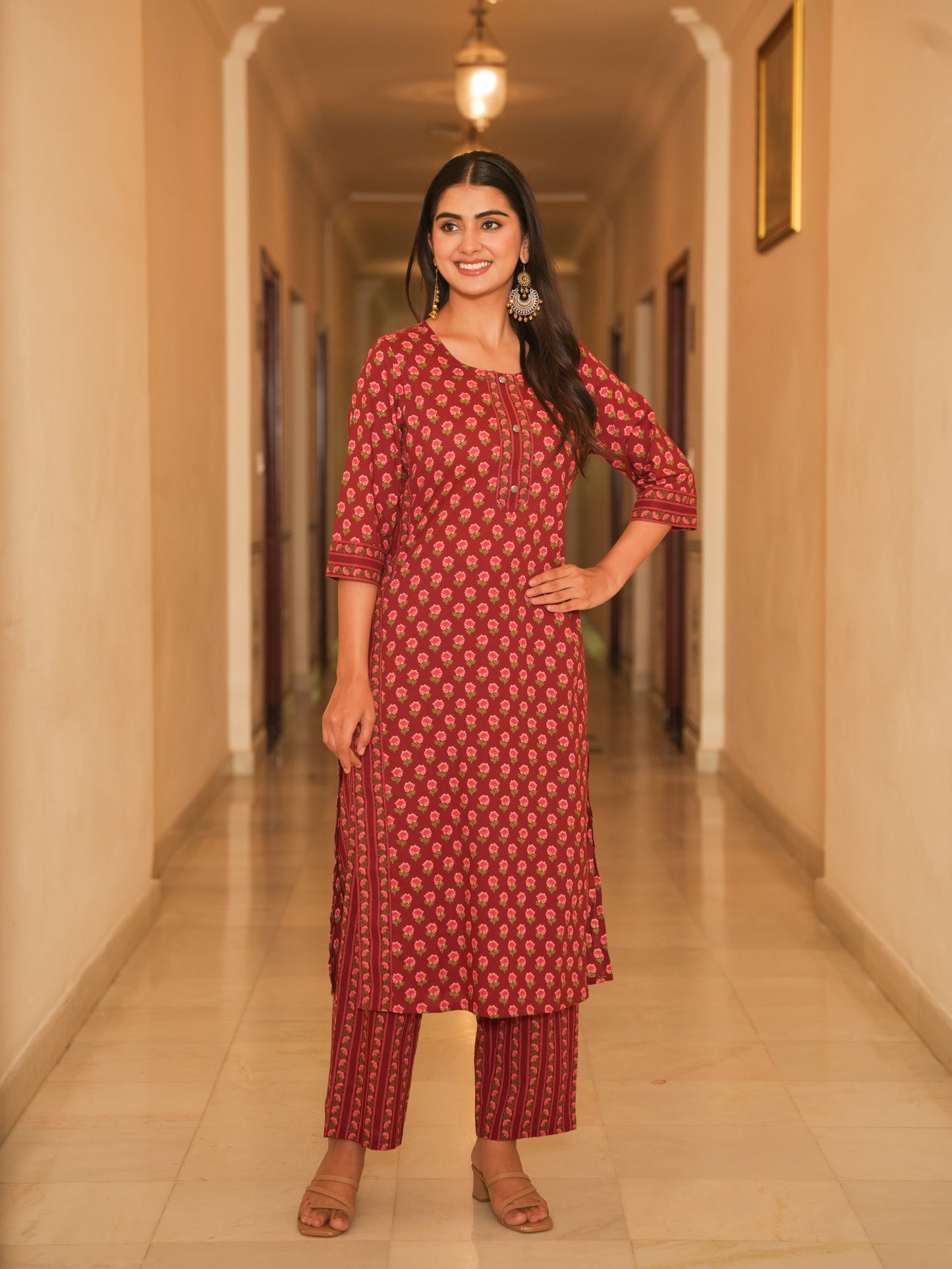 Soft Cotton Floral Straight Maroon Kurta