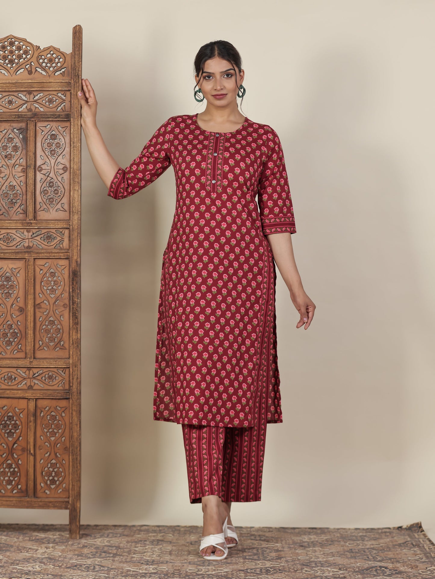 Soft Cotton Floral Straight Maroon Kurta