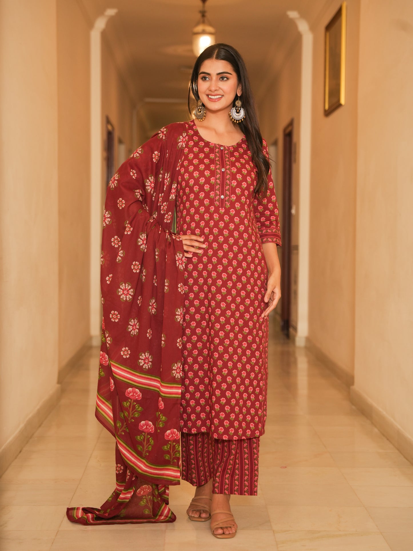 Soft Cotton Floral Straight Maroon Kurta