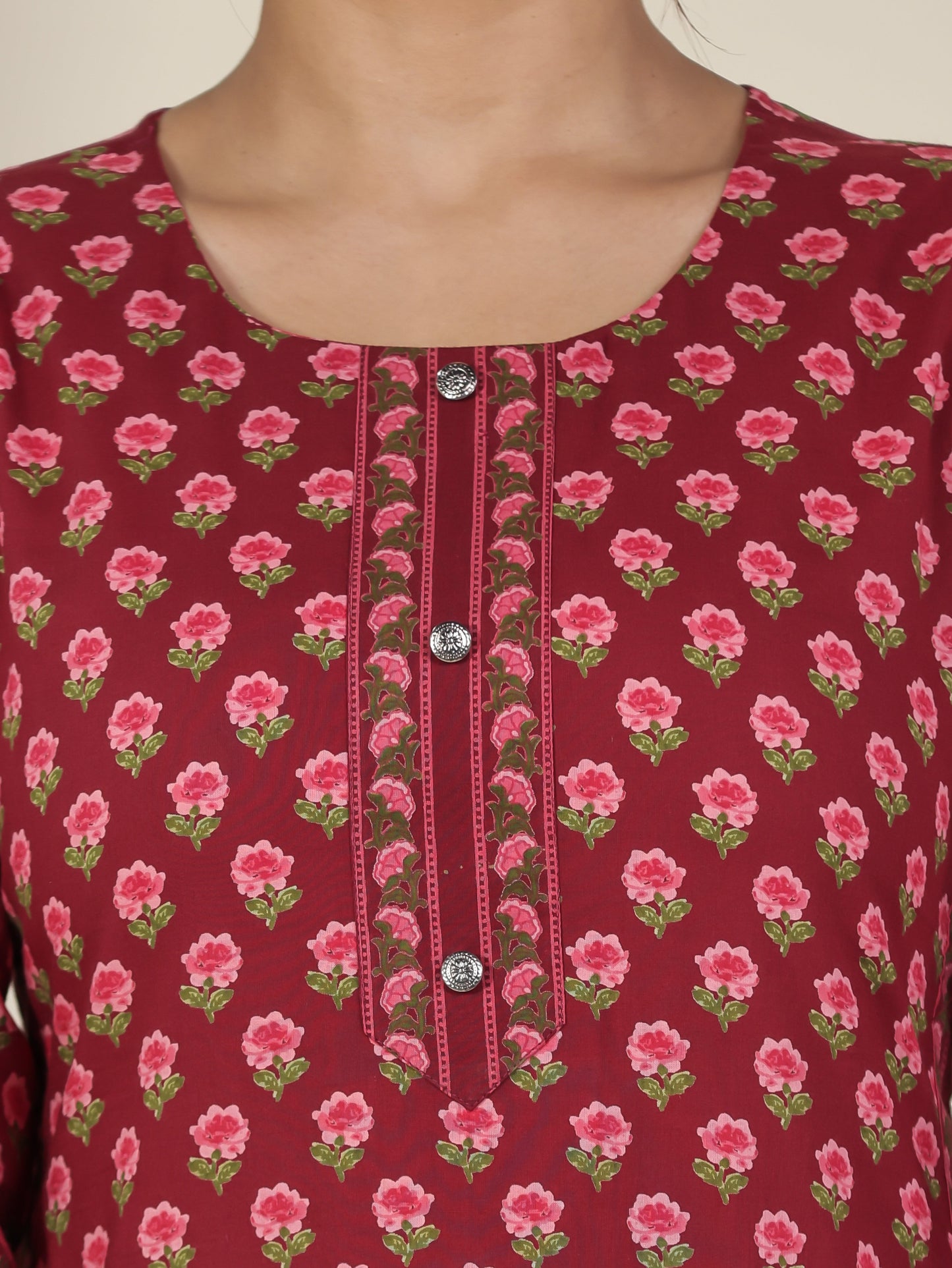 Soft Cotton Floral Straight Maroon Kurta