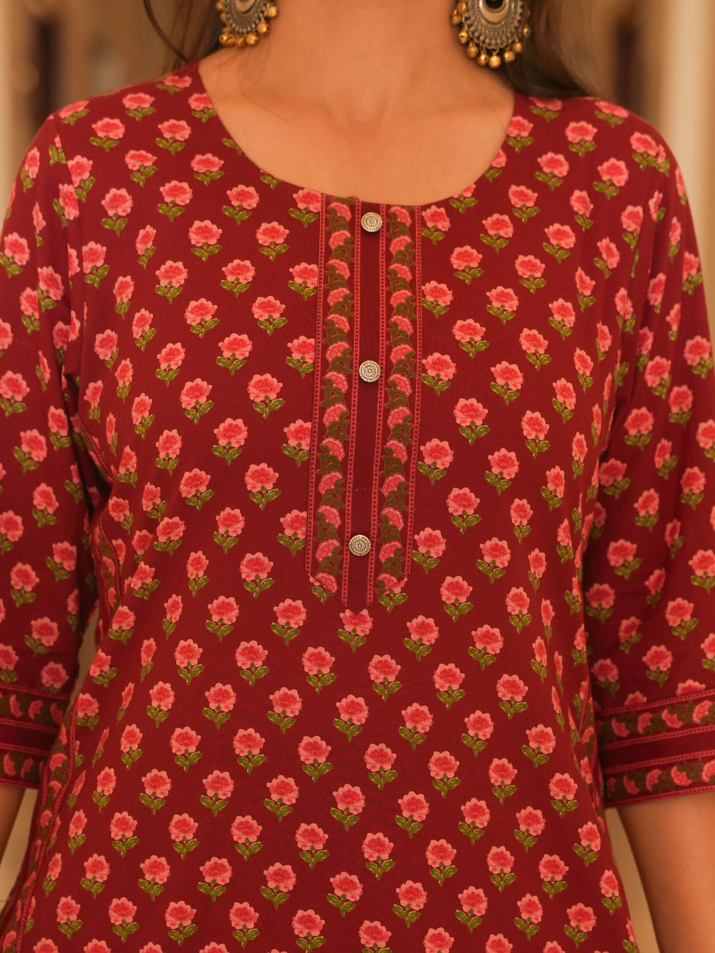 Soft Cotton Floral Straight Maroon Kurta