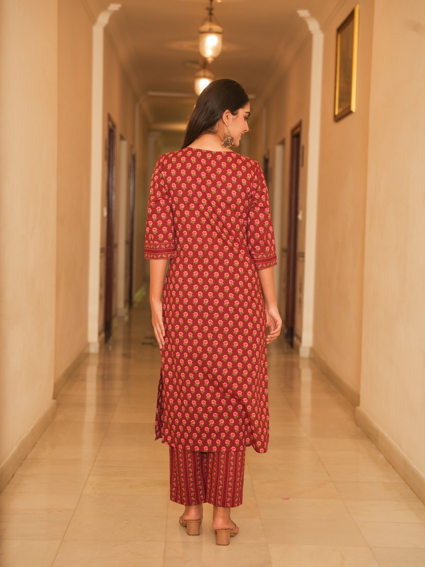 Soft Cotton Floral Straight Maroon Kurta
