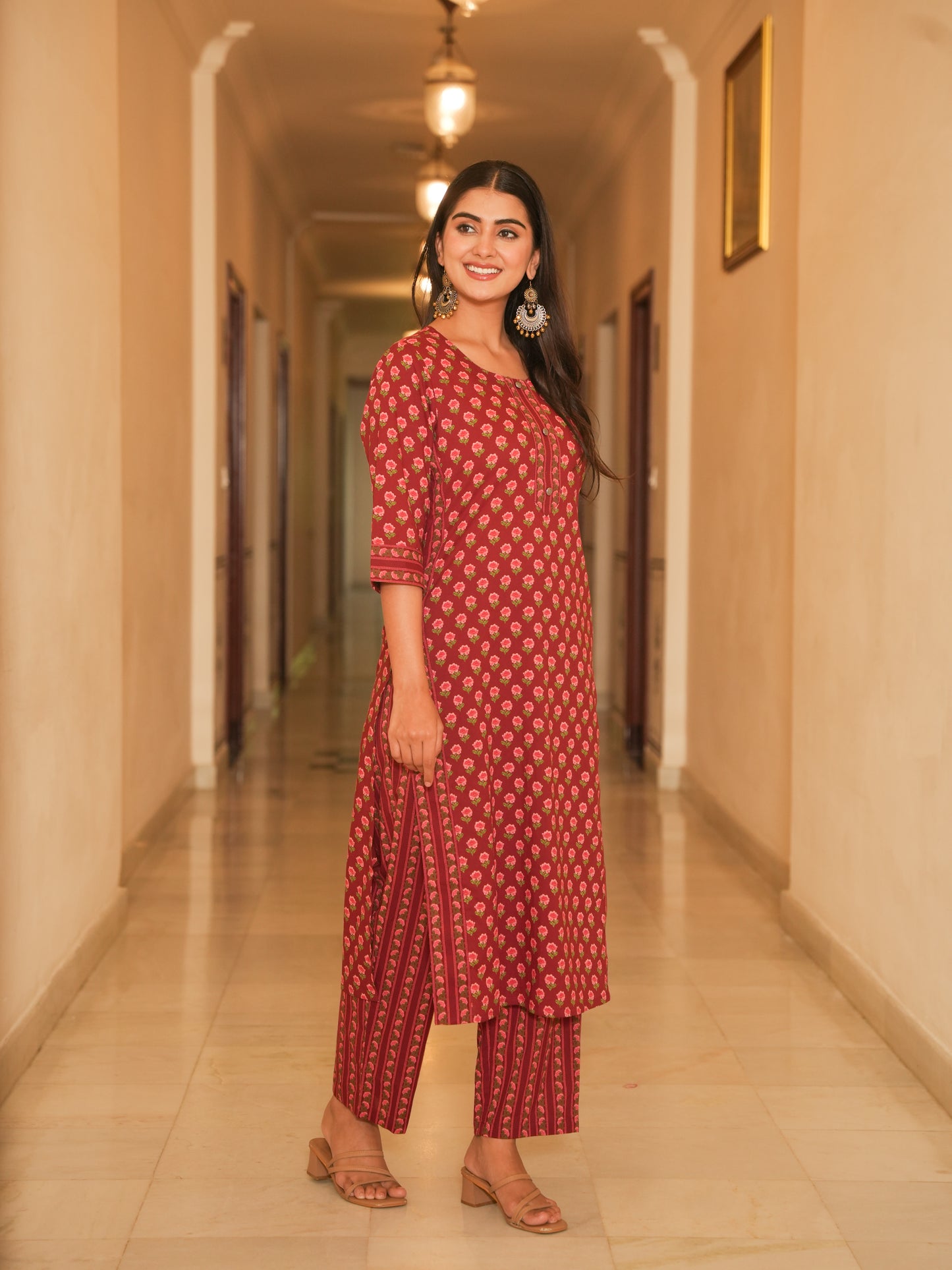 Soft Cotton Floral Straight Maroon Kurta
