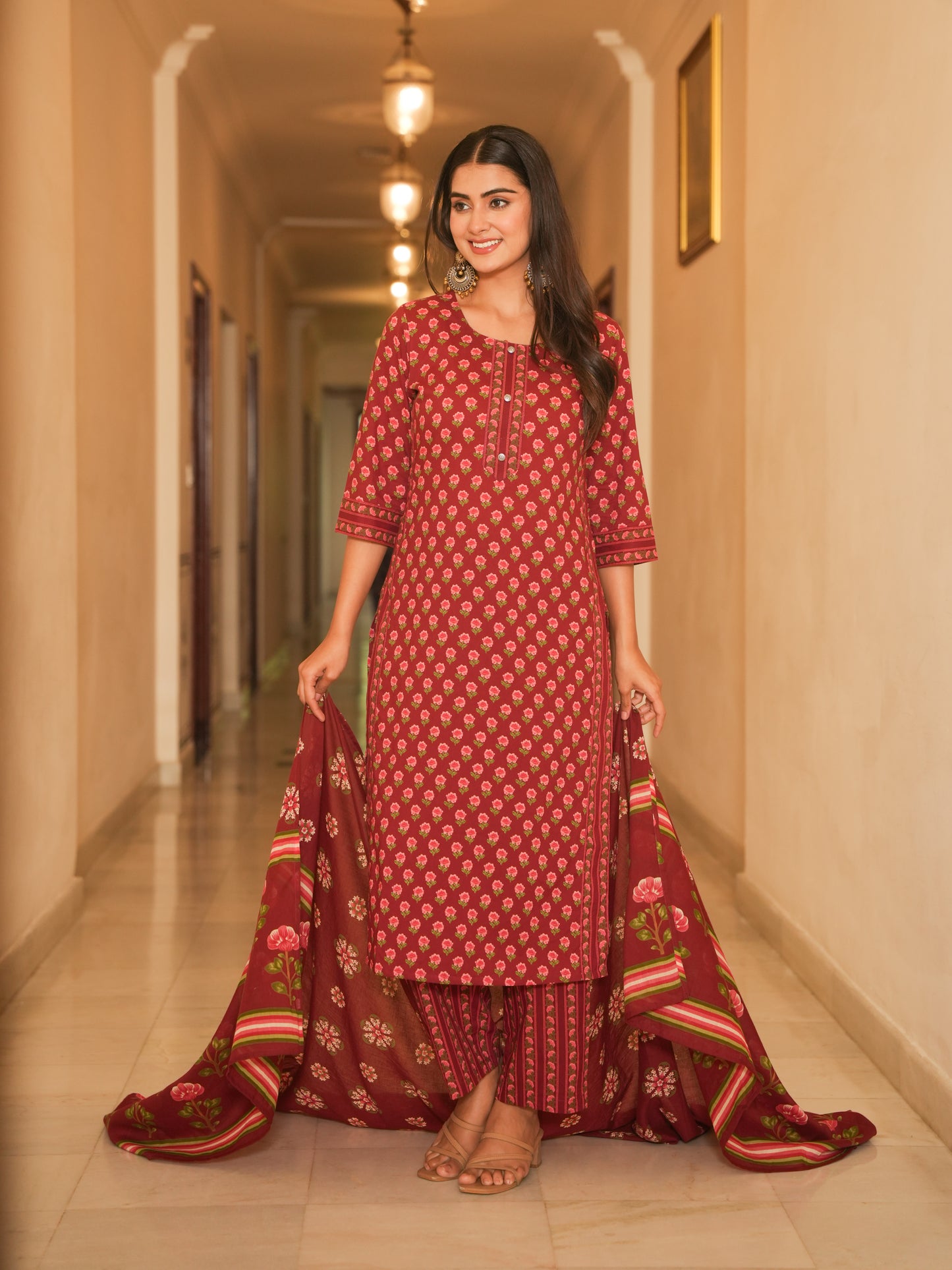 Soft Cotton Floral Straight Maroon Kurta