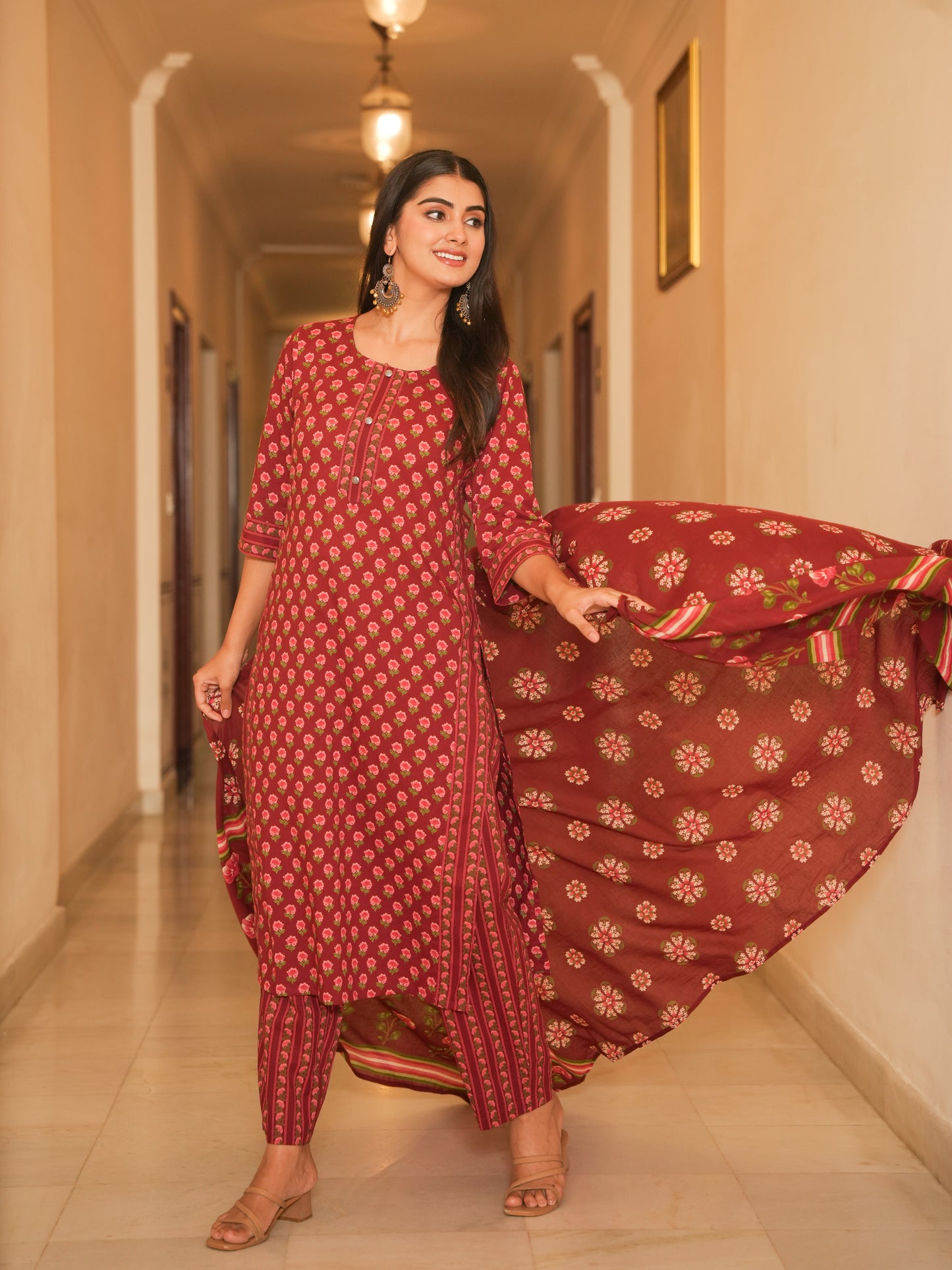 Soft Cotton Floral Straight Maroon Kurta