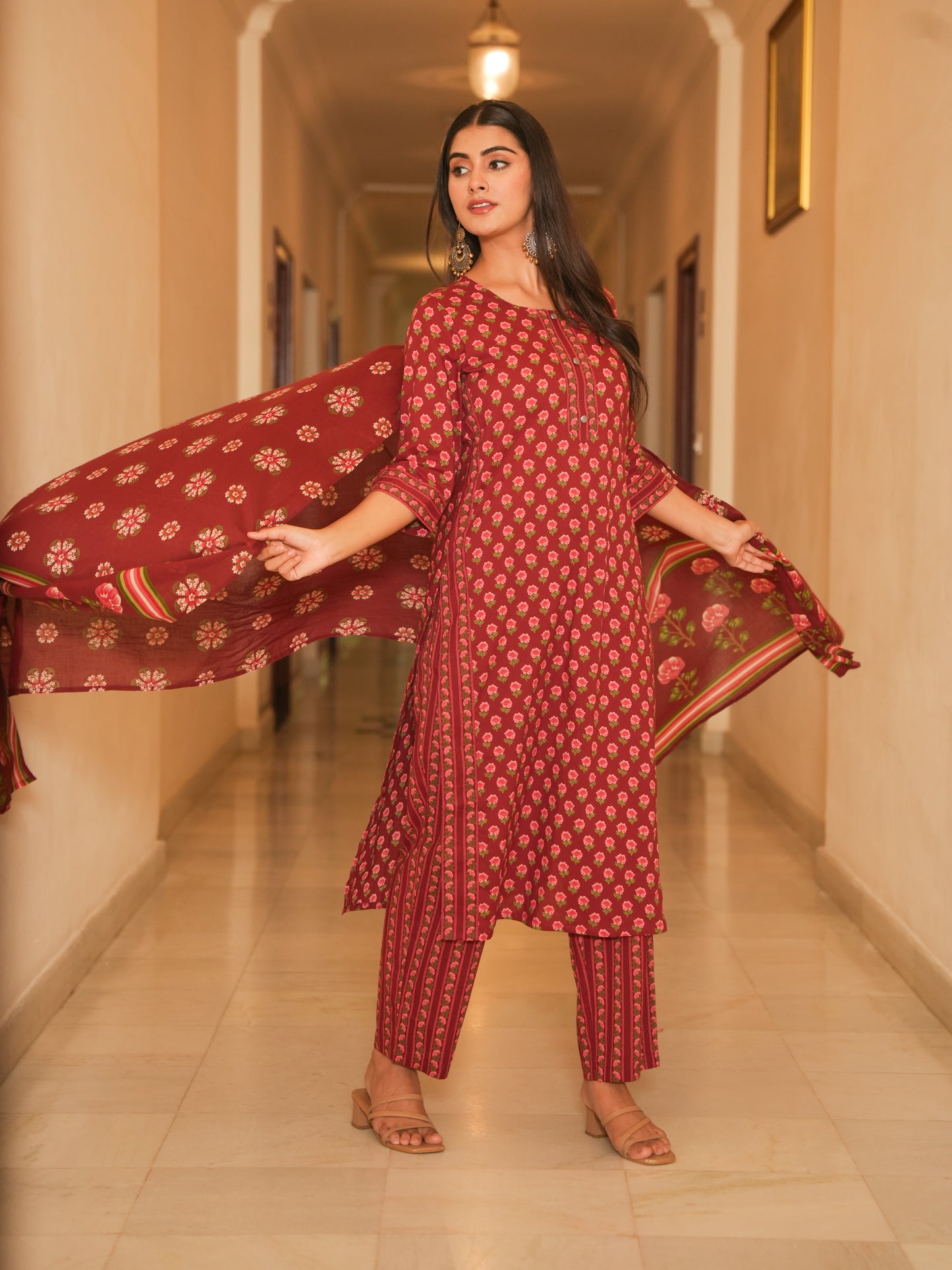Soft Cotton Floral Straight Maroon Kurta