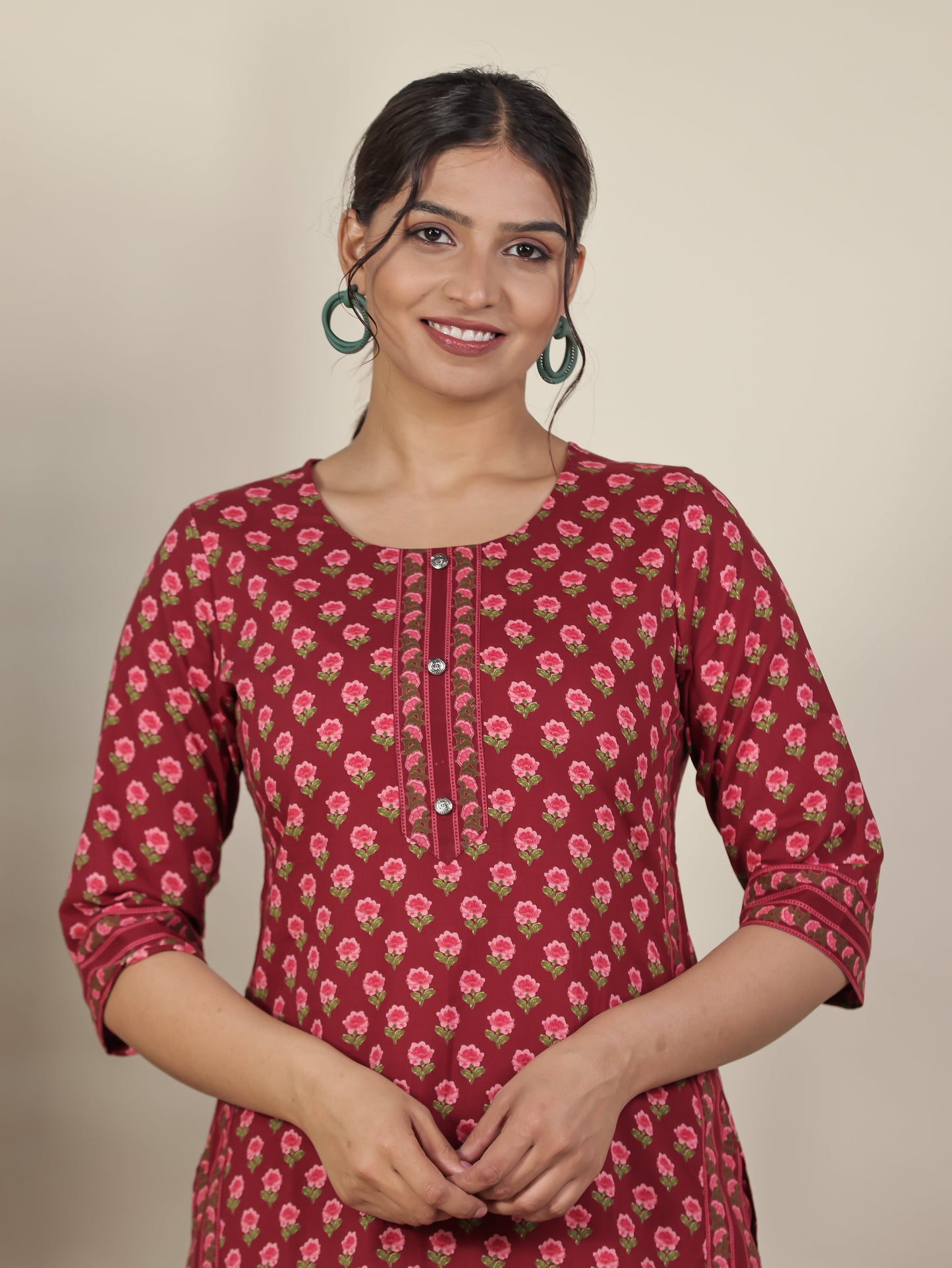 Soft Cotton Floral Straight Maroon Kurta