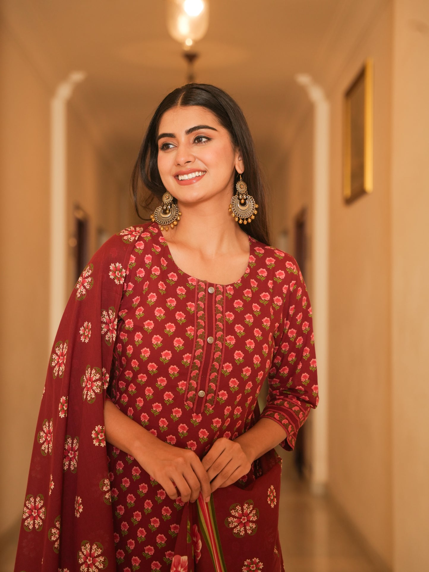 Soft Cotton Floral Straight Maroon Kurta