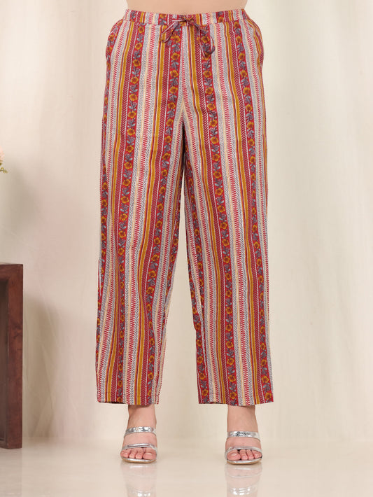 Soft Cotton Border print Red Straight Straight Trousers