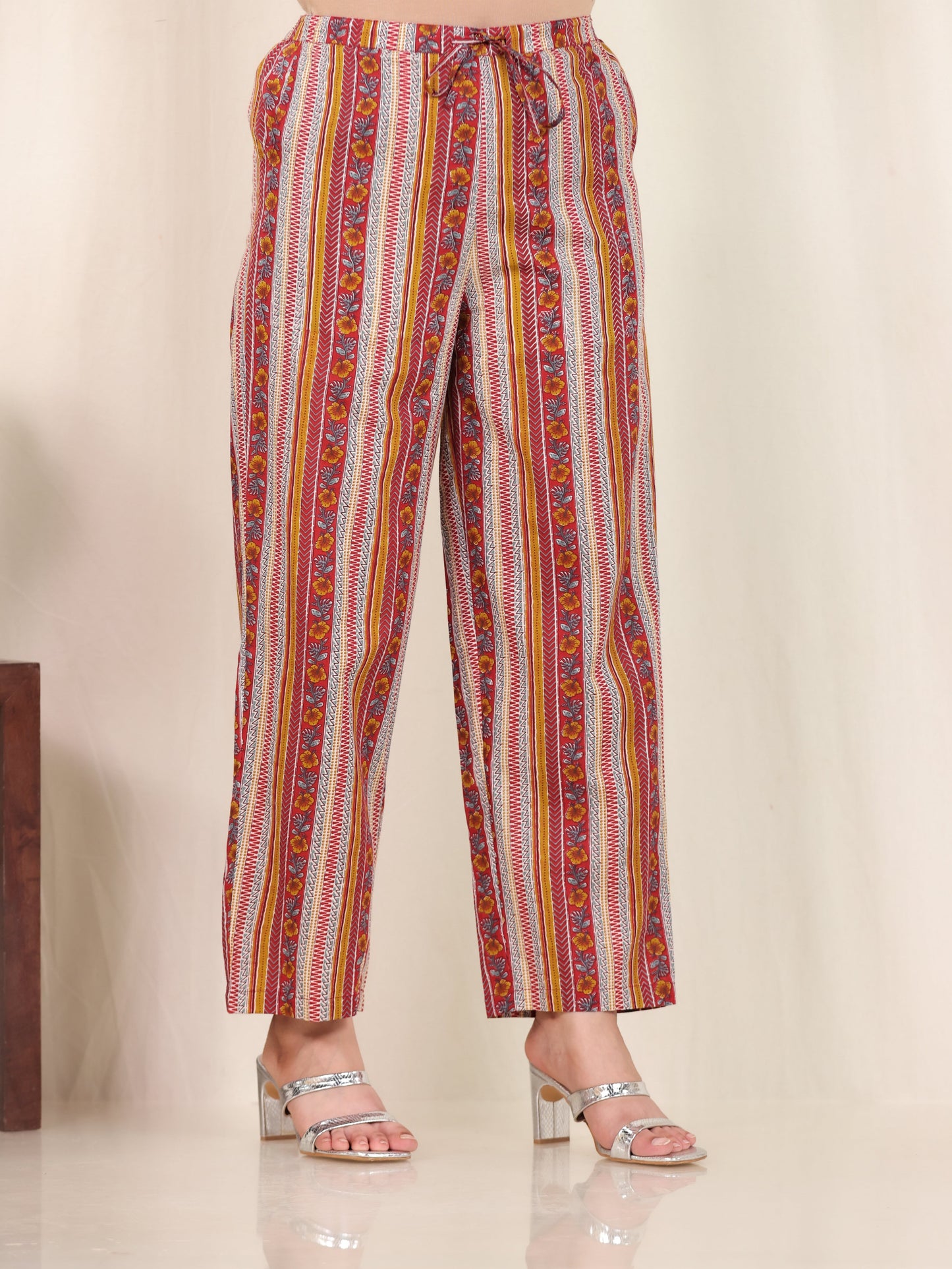Soft Cotton Border print Red Straight Straight Trousers