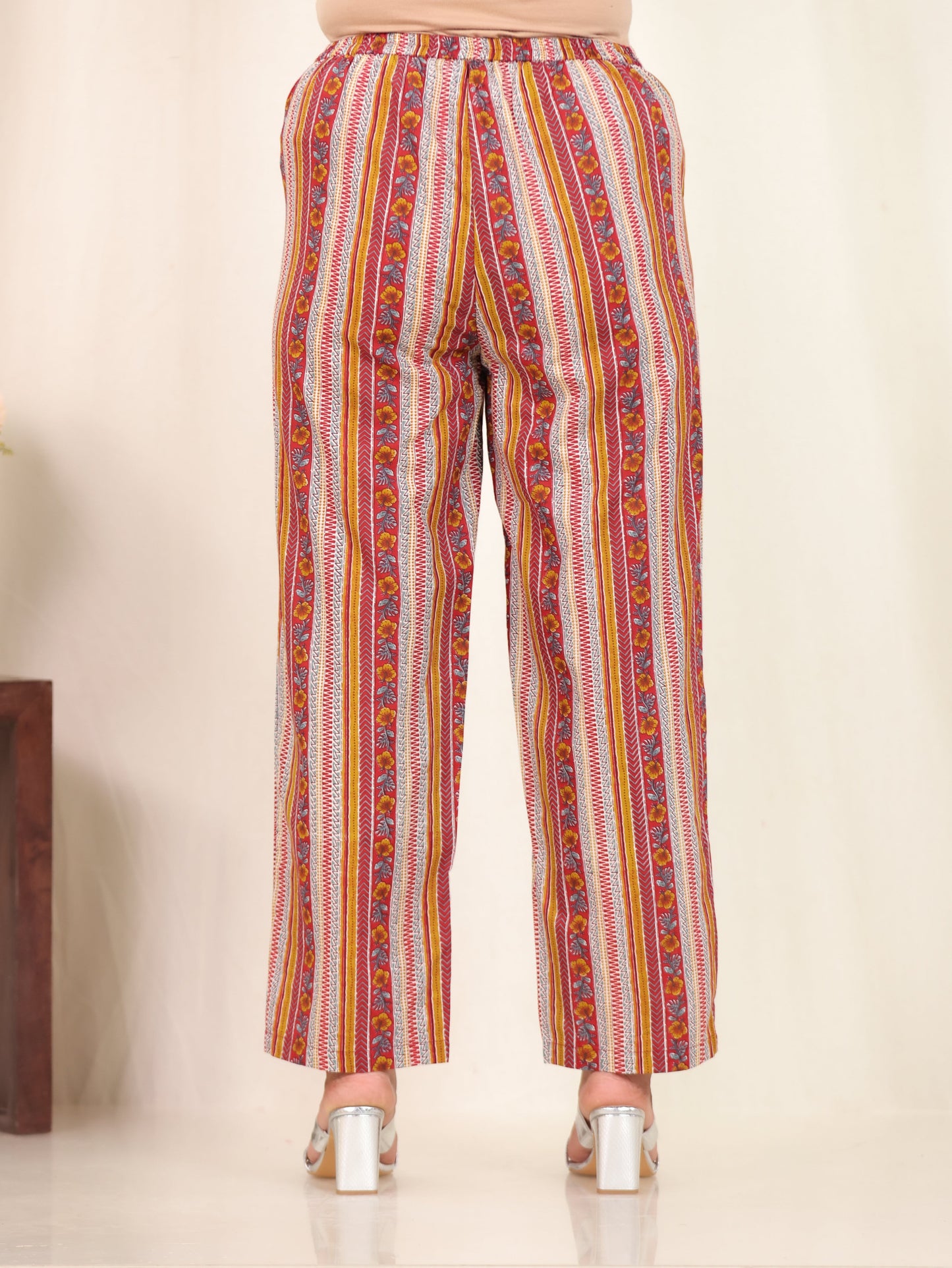 Soft Cotton Border print Red Straight Straight Trousers