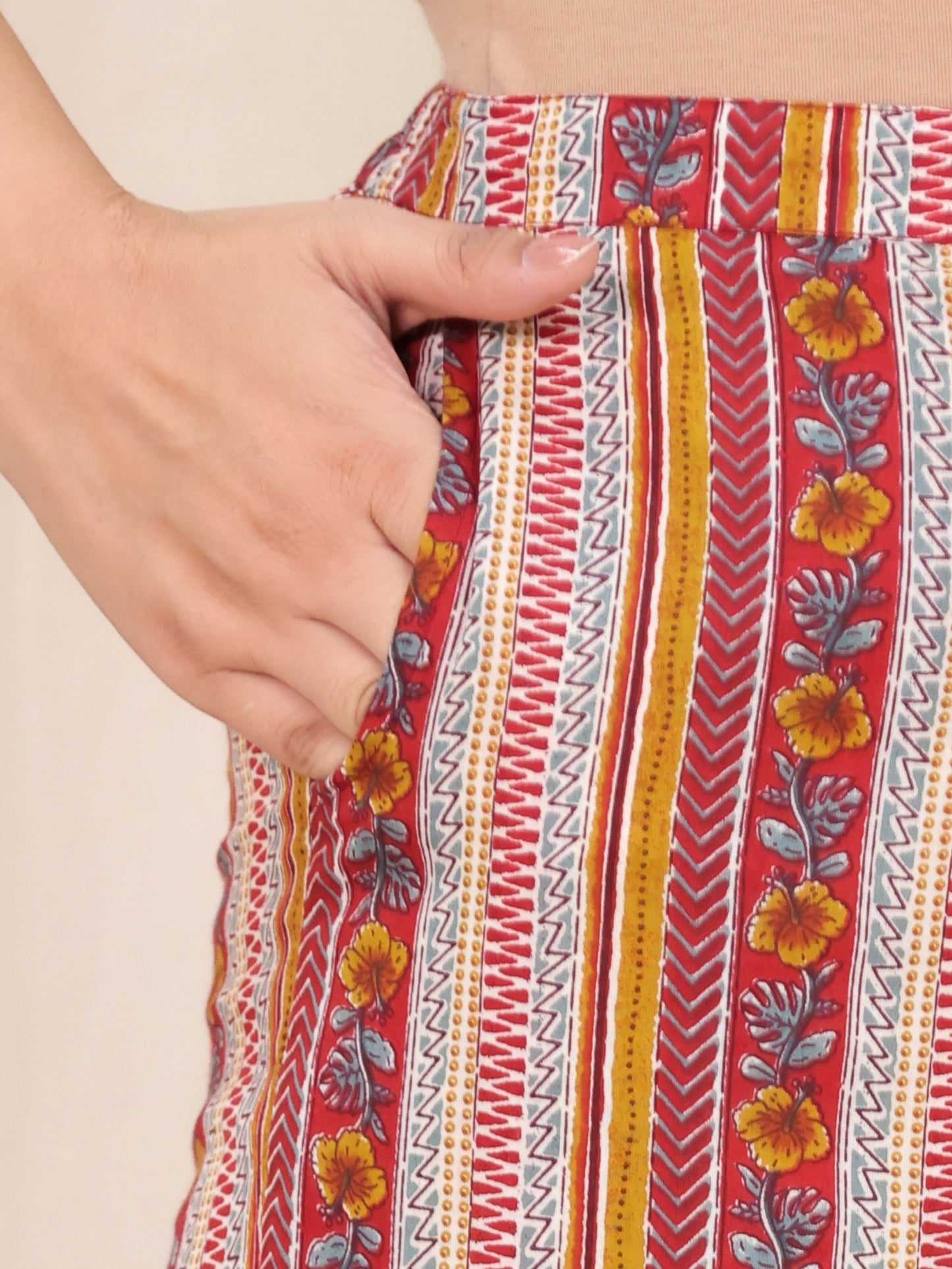 Soft Cotton Border print Red Straight Straight Trousers