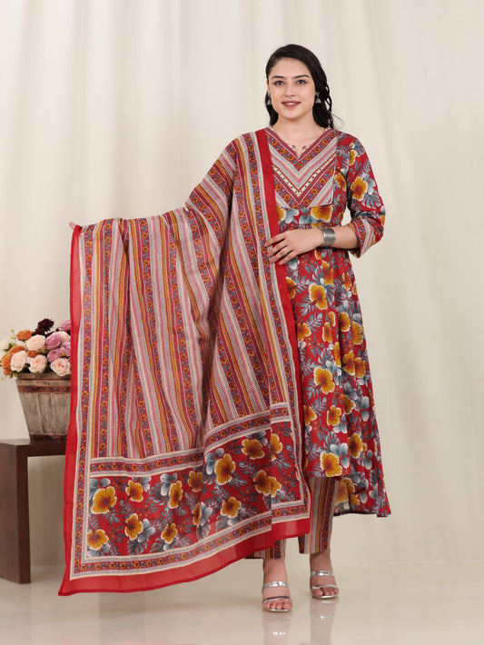 Cotton Voile Floral Red Dupatta