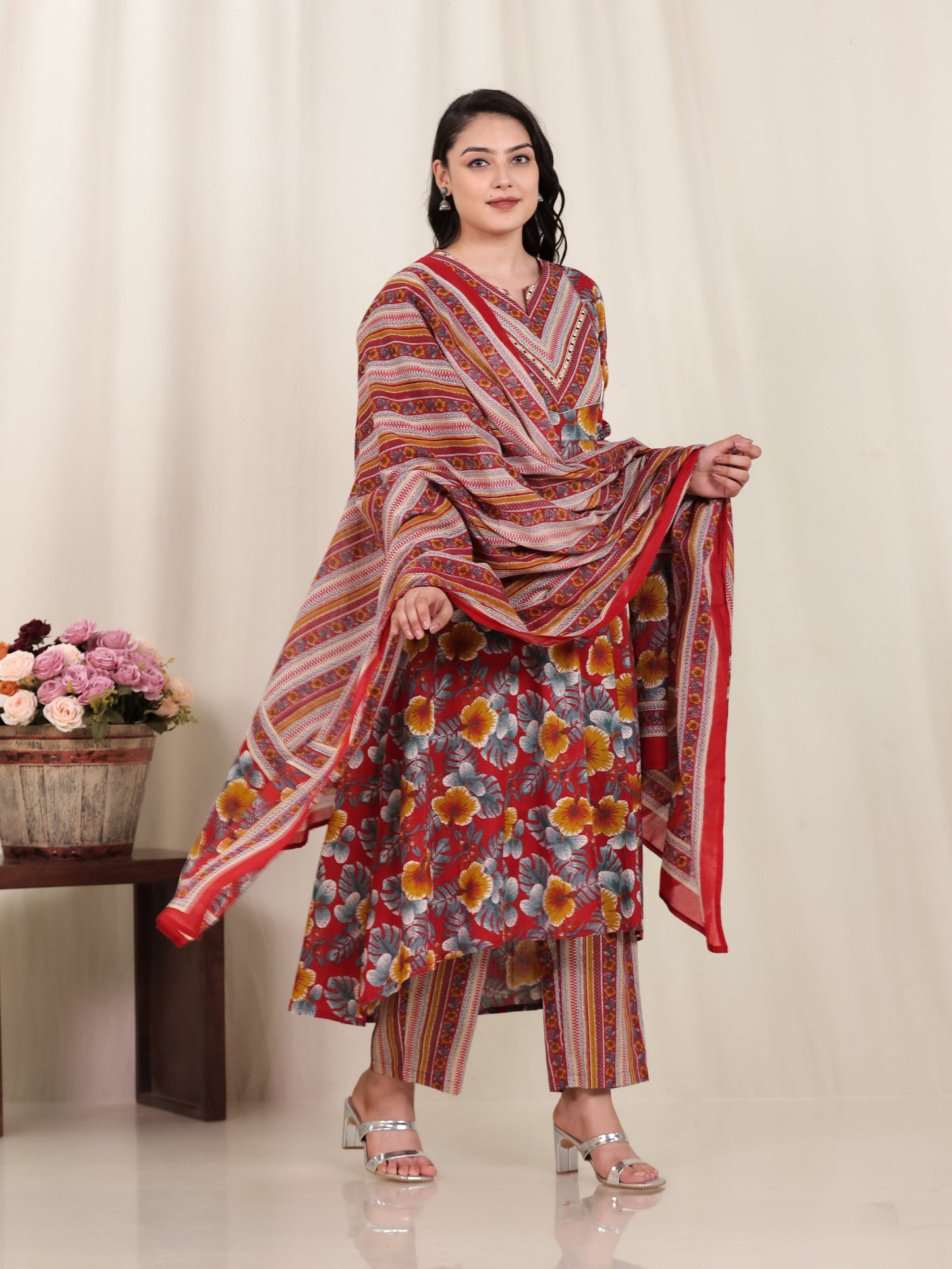 Cotton Voile Floral Red Dupatta