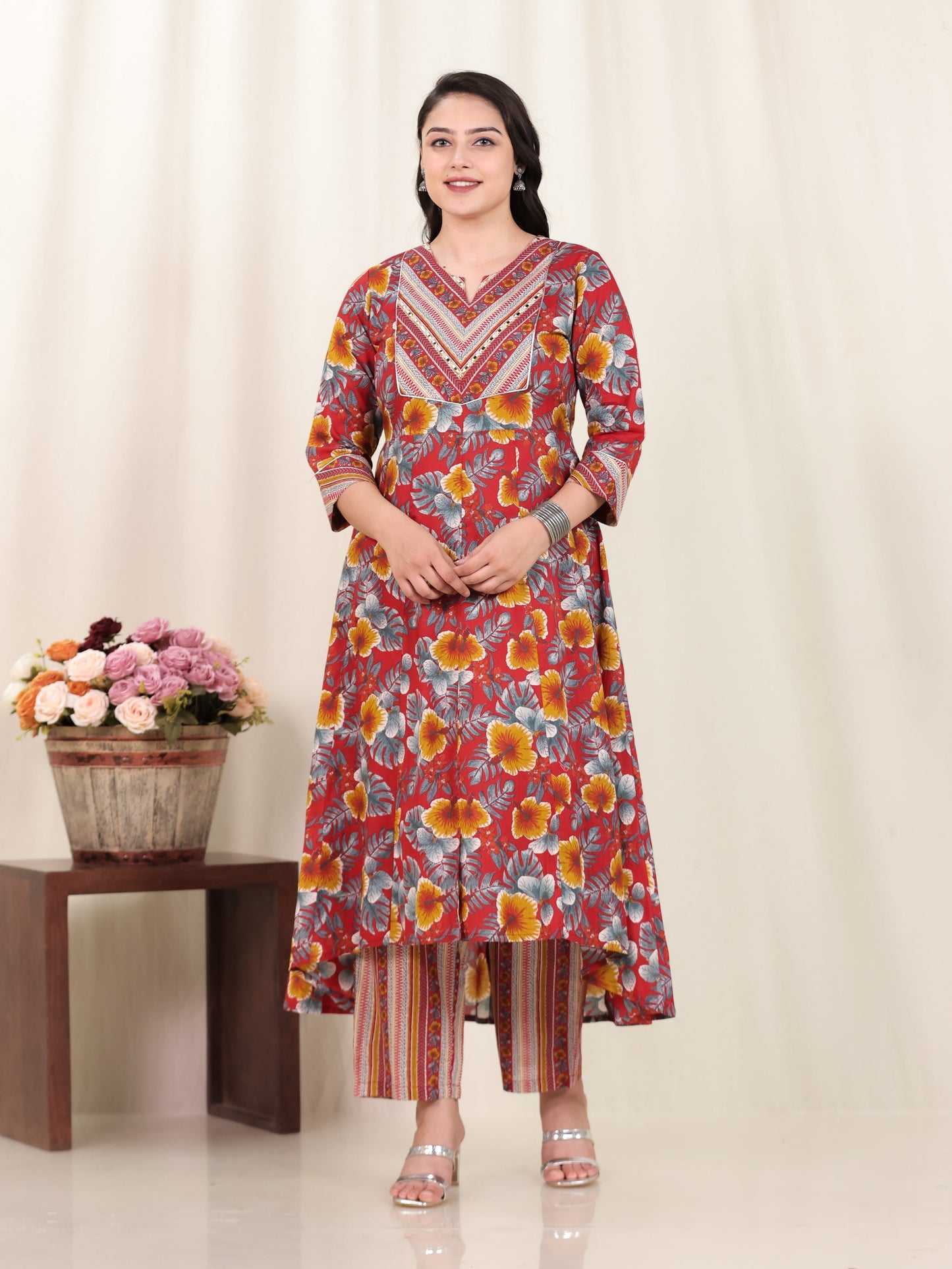 Embroidered Soft Cotton Floral Anarkali Red Kurta