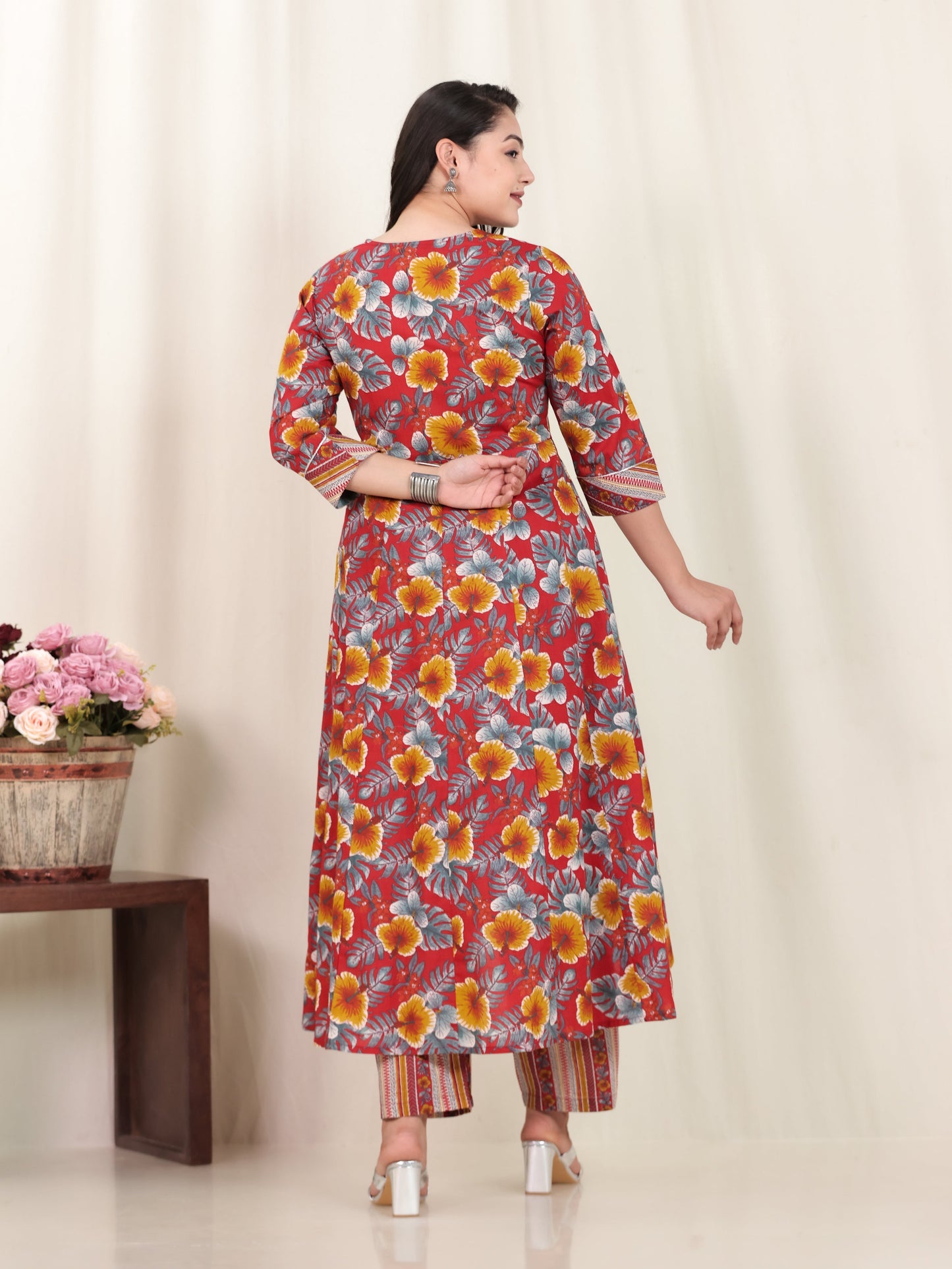 Embroidered Soft Cotton Floral Anarkali Red Kurta