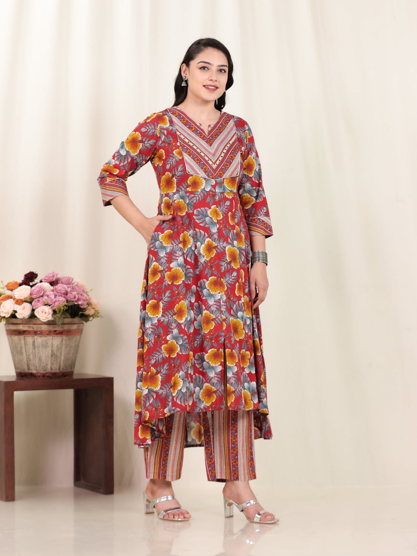 Embroidered Soft Cotton Floral Anarkali Red Kurta