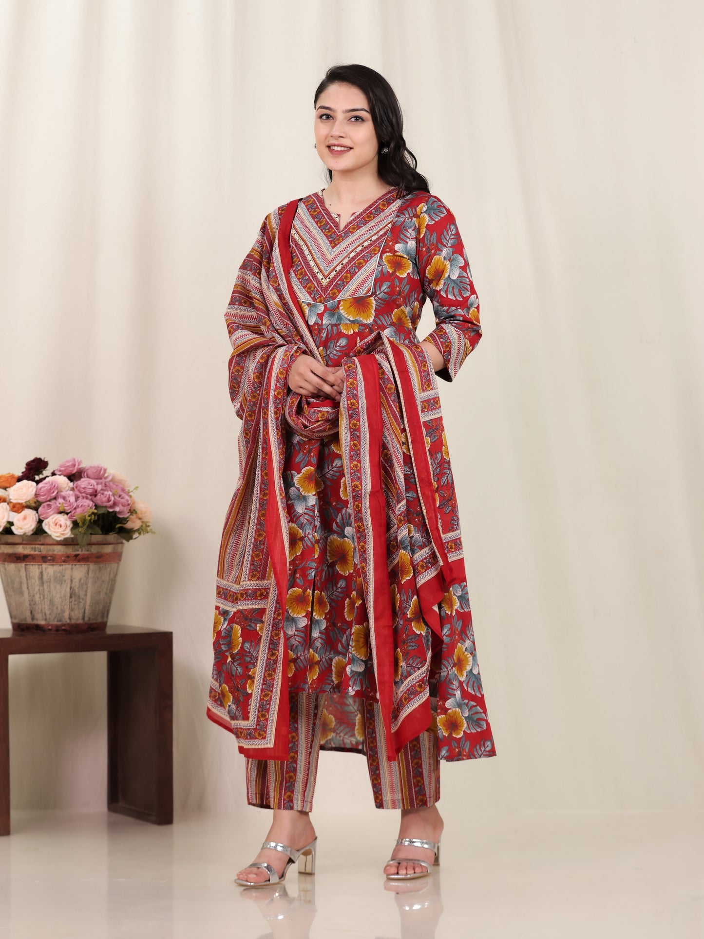 Embroidered Soft Cotton Floral Anarkali Red Kurta