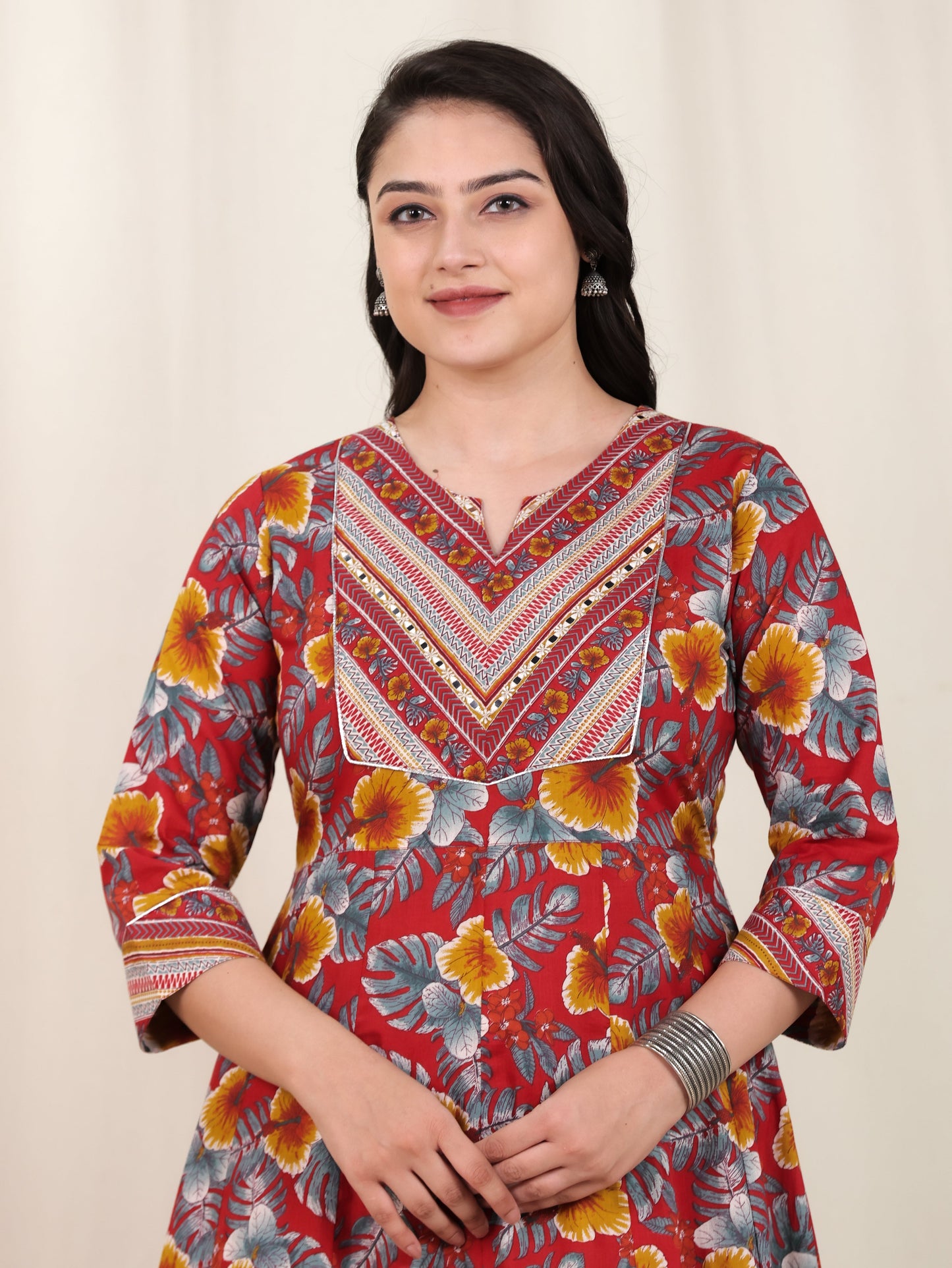 Embroidered Soft Cotton Floral Anarkali Red Kurta