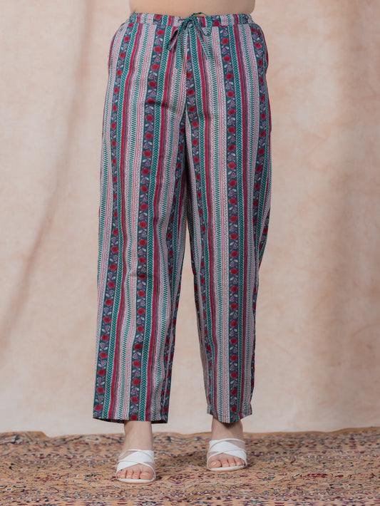 Soft Cotton Border print Green Straight Straight Trousers