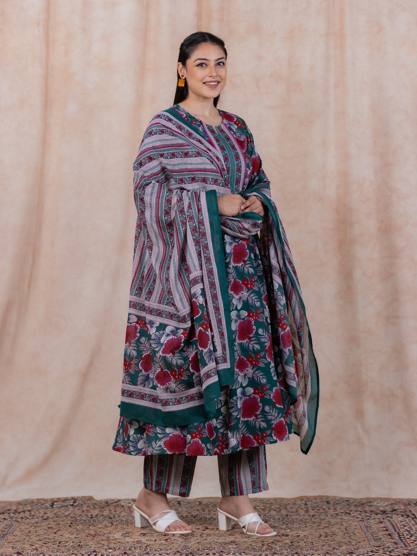 Cotton Voile Border print Green Dupatta